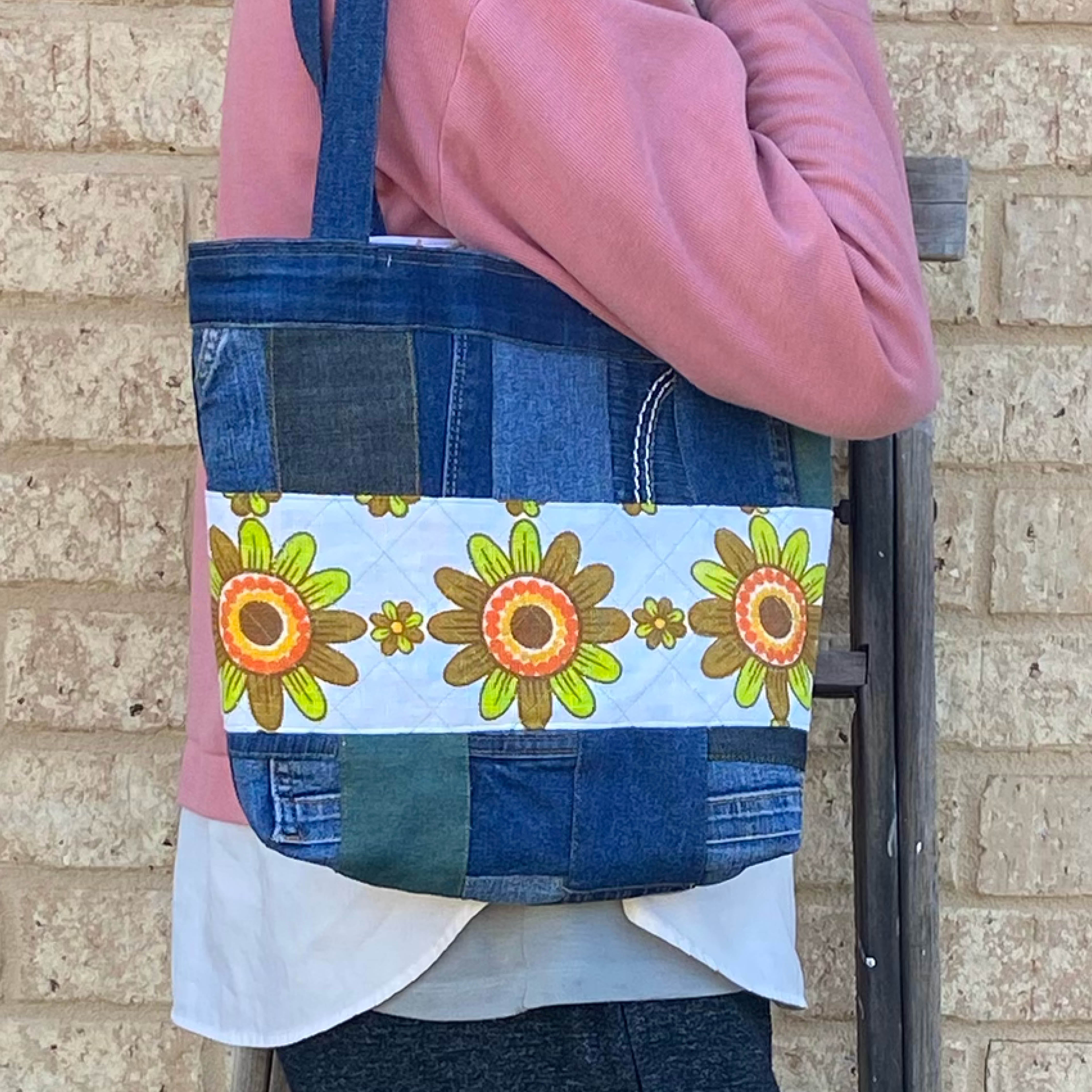 Reloved Petals Handmade Tote Bag Upcycled Vintage Fabrics & Denim