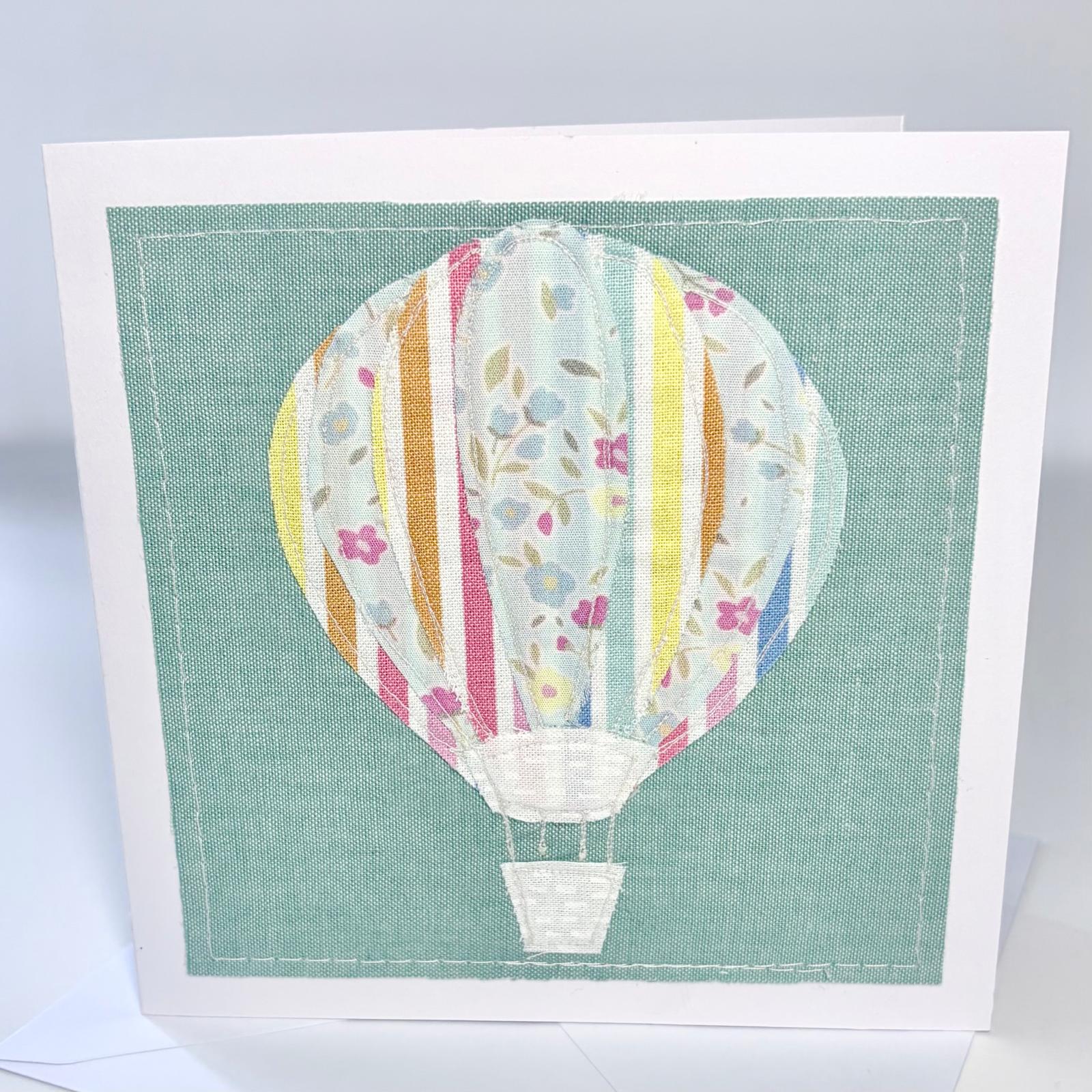Fabric Greeting Card & Envelope| Soft Pastel Hot Air Balloon| 13cm x 13cm