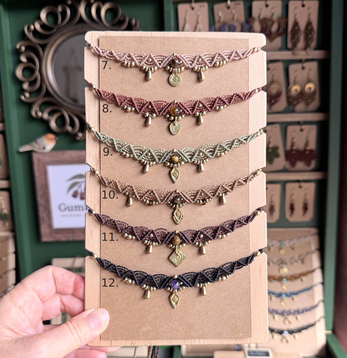 Macrame Boho Collier with gemstone bead and brass charms.