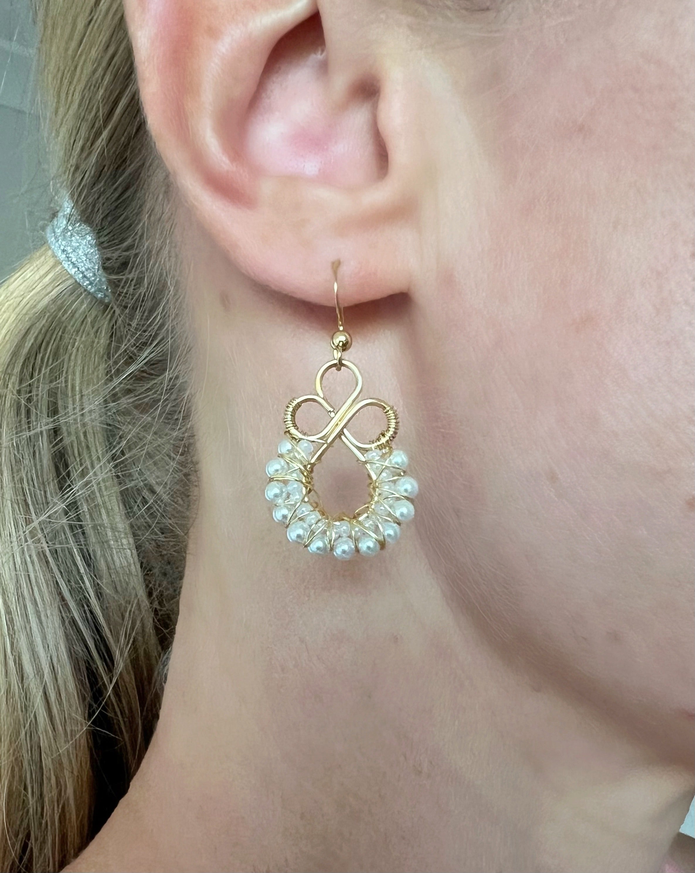 Gold wire wrapped earrings with shell based peals and Czech seee beads