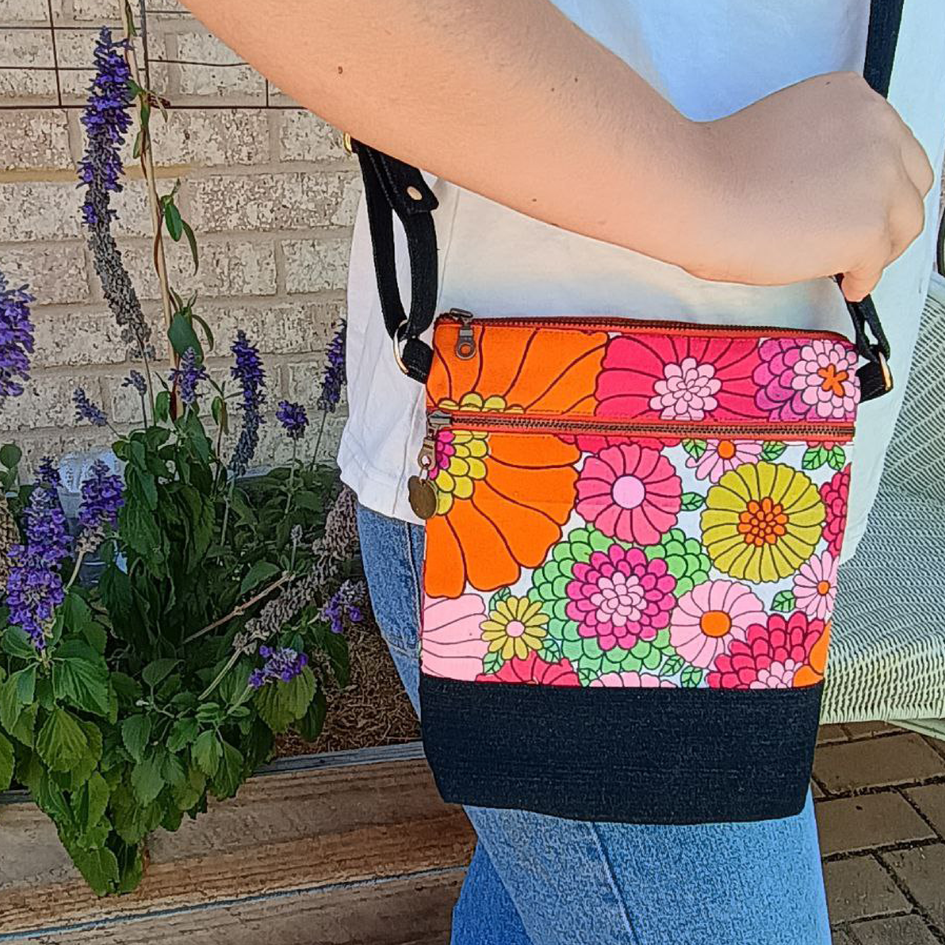 Flower Power Handmade Crossbody Bag Upcycled Vintage Fabrics & Denim