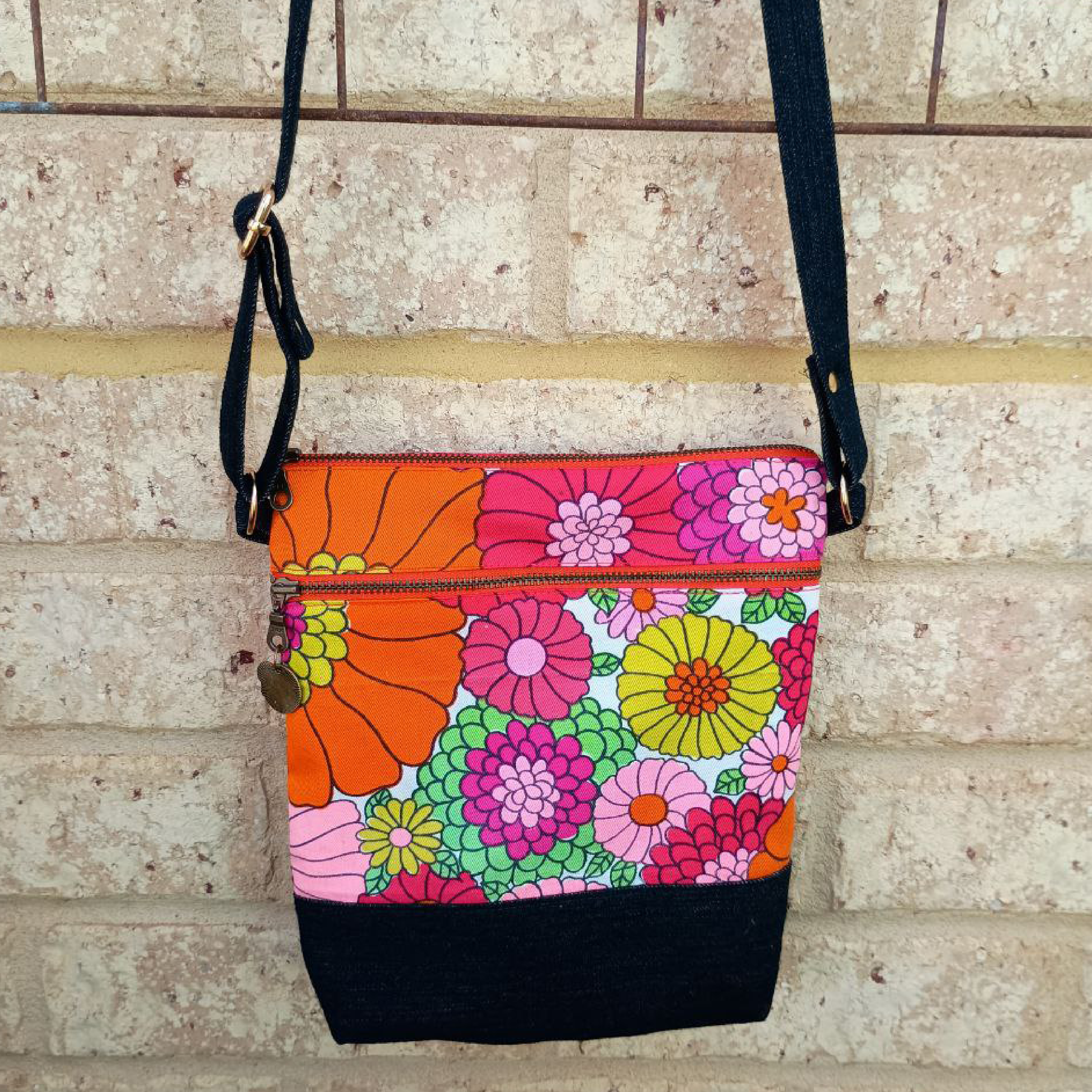 Flower Power Handmade Crossbody Bag Upcycled Vintage Fabrics & Denim