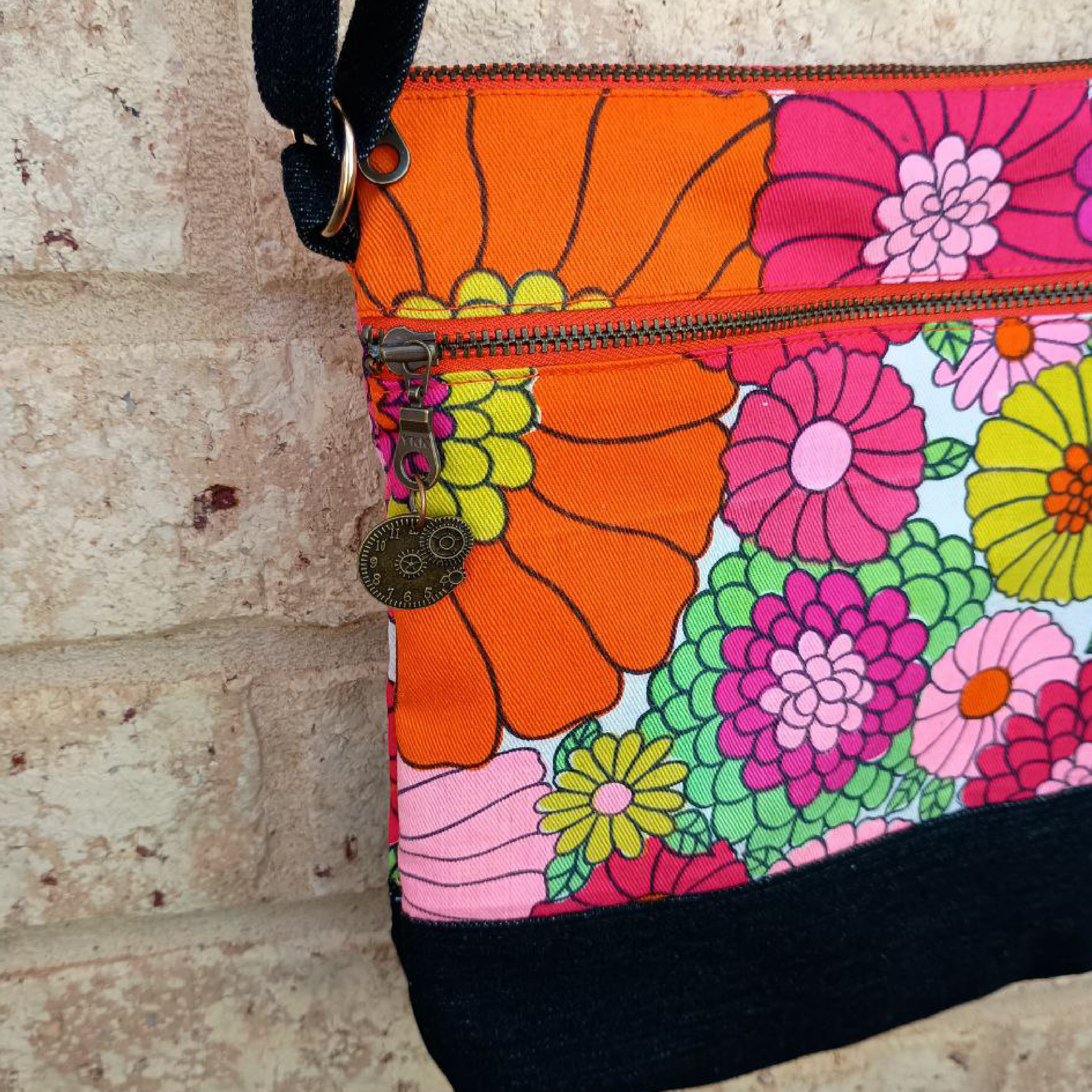 Flower Power Handmade Crossbody Bag Upcycled Vintage Fabrics & Denim