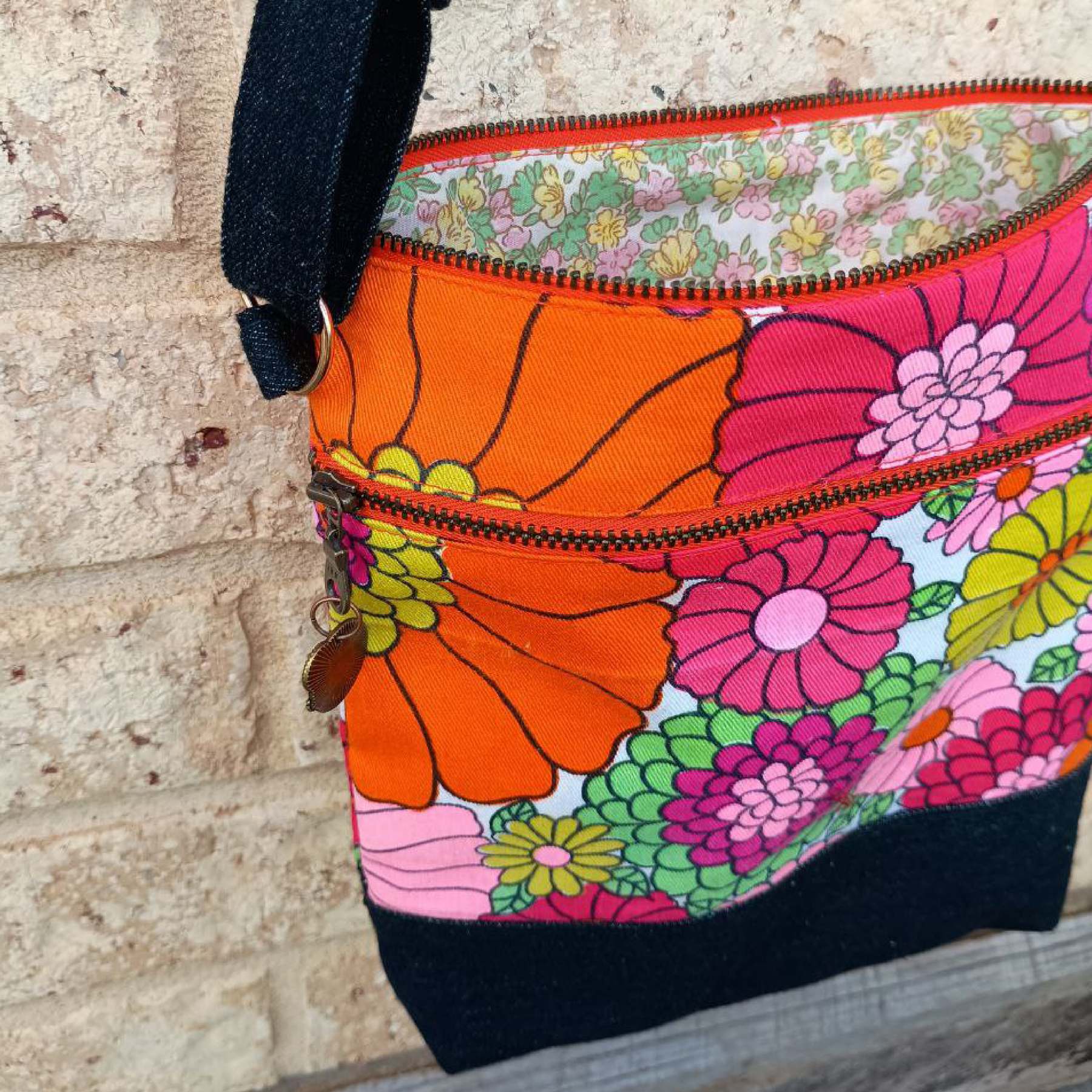 Flower Power Handmade Crossbody Bag Upcycled Vintage Fabrics & Denim