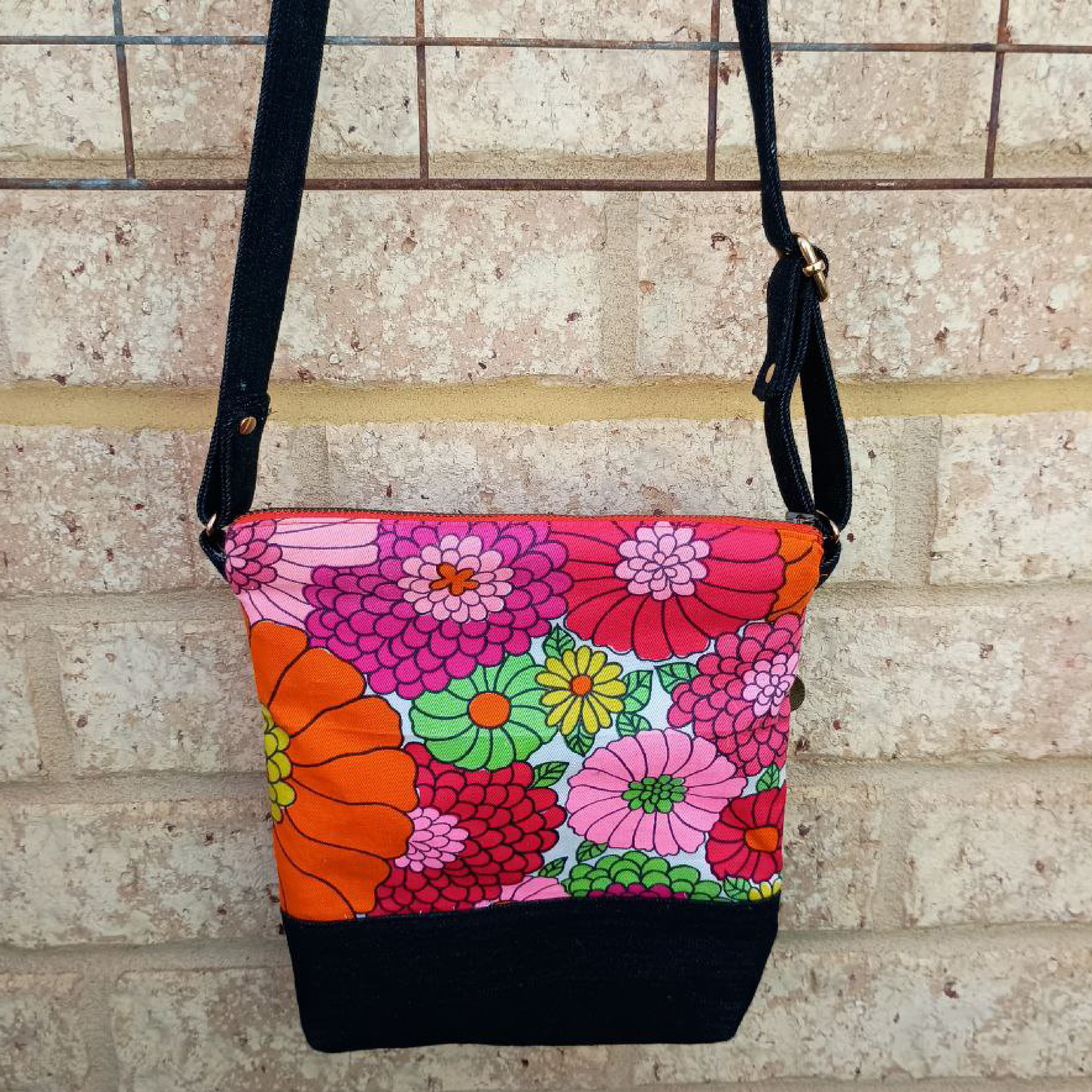 Flower Power Handmade Crossbody Bag Upcycled Vintage Fabrics & Denim