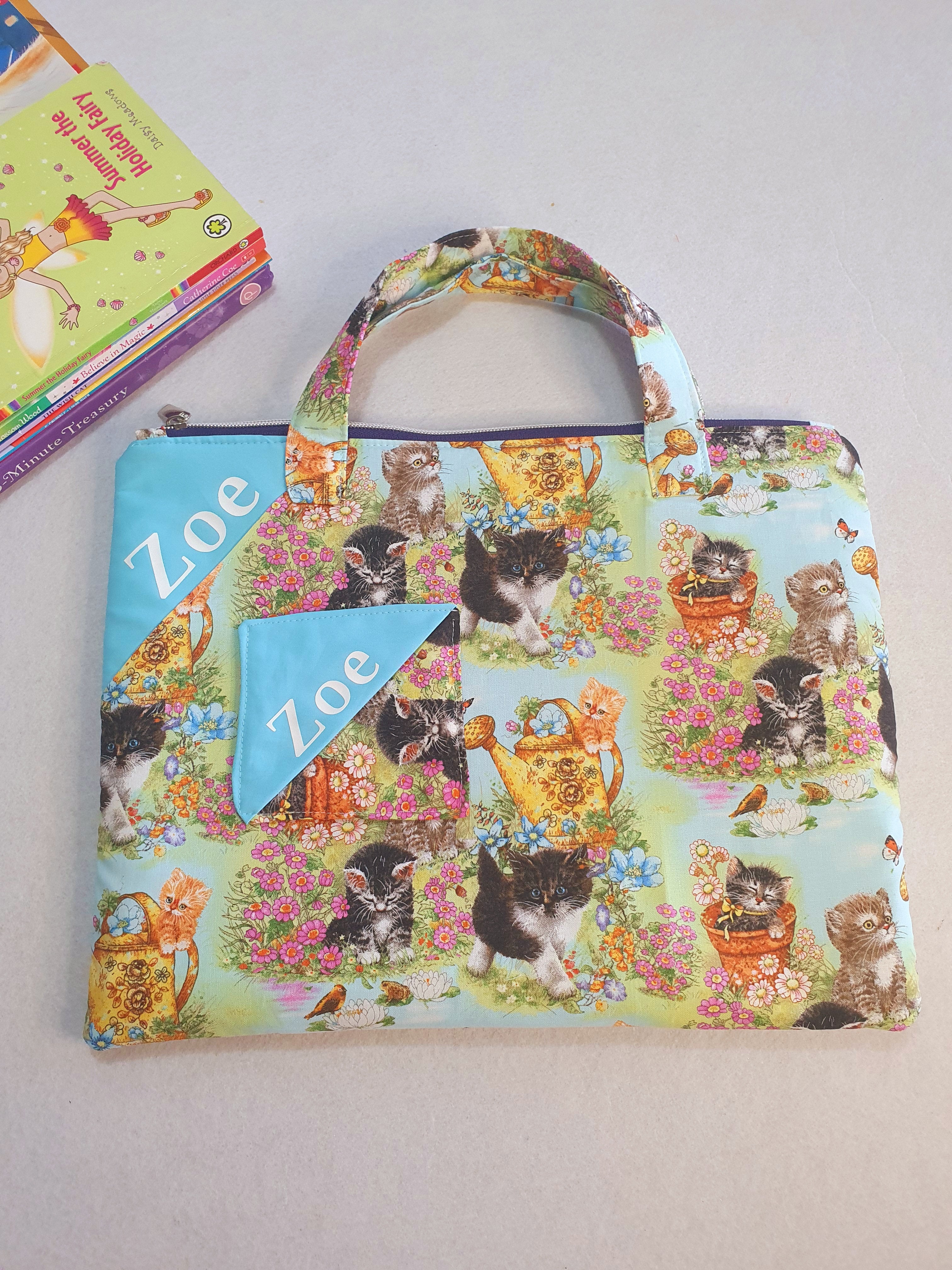 Personalized kittens inspired library and laptop bag with a glow-in-the-dark name