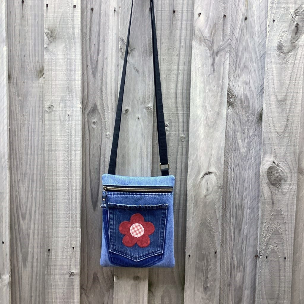 Upcycled Denim Crossbody Bag - Red Flower