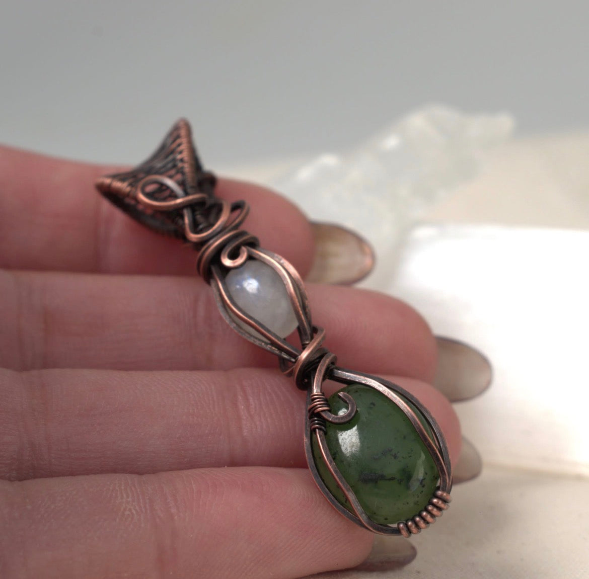 Moonlit Grove – Nephrite & Rainbow Moonstone Copper Pendant