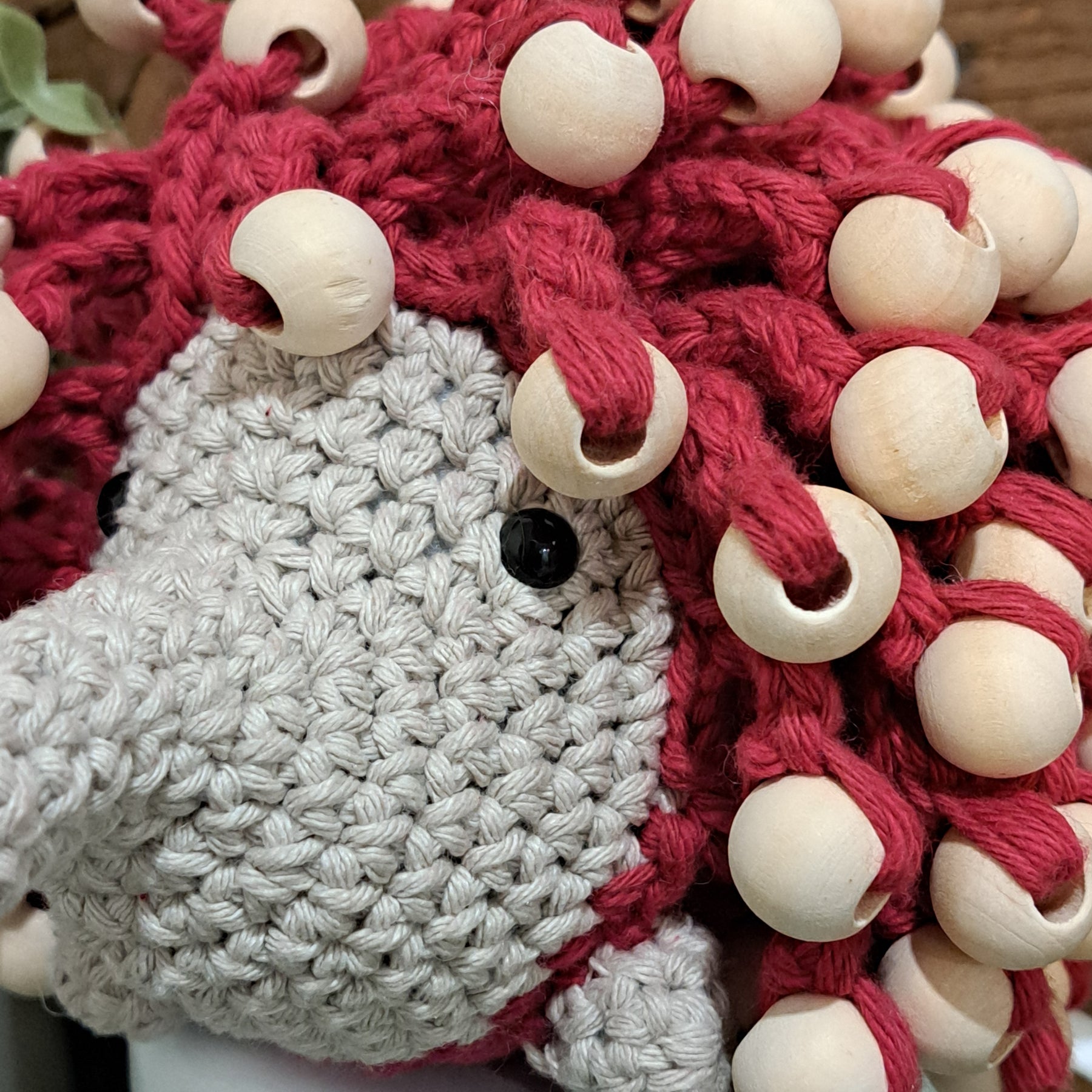 Handmade crochet echidna red cotton wooden beads