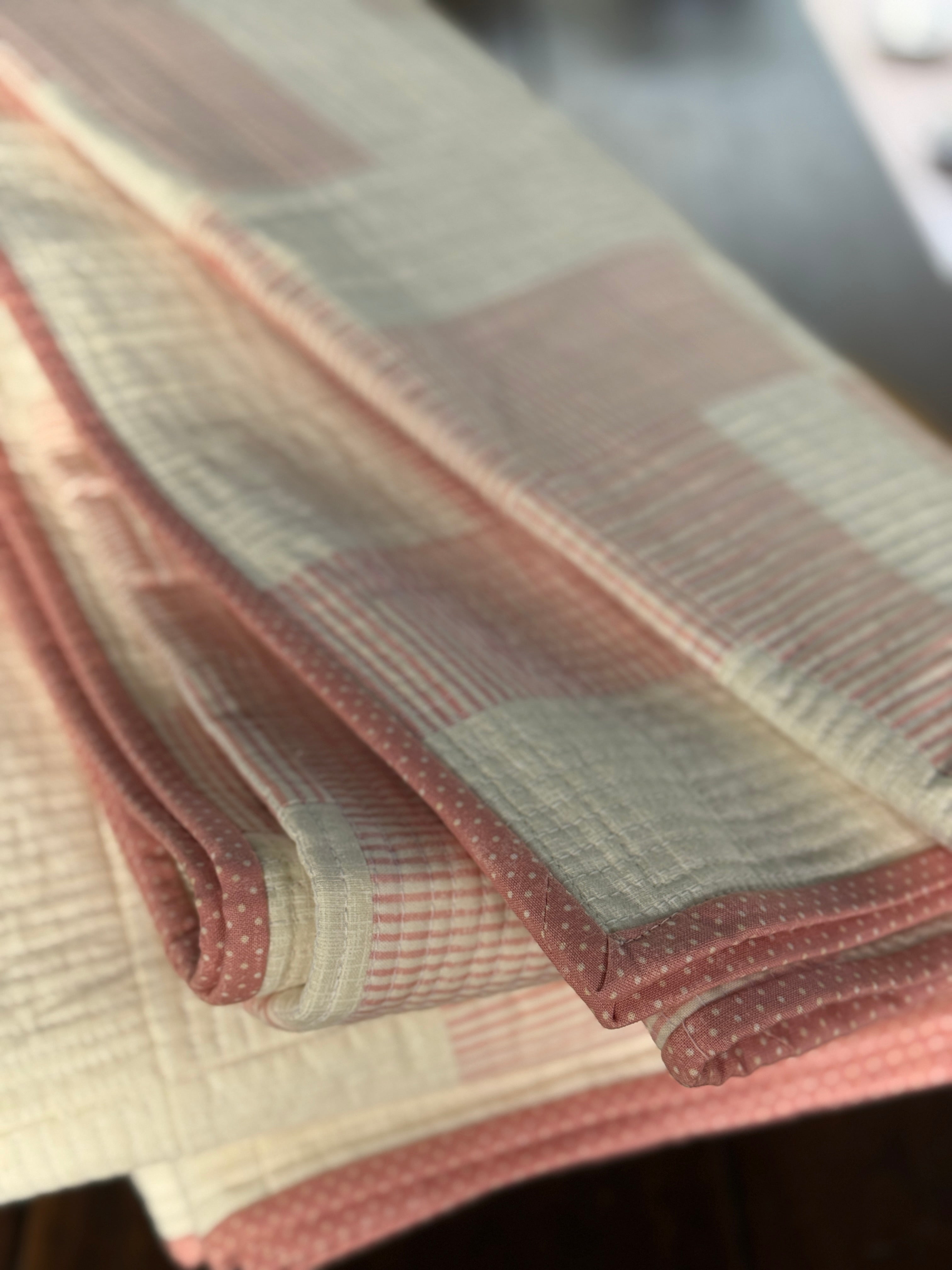 Coastal Rose Quilt: Pastel Pink striped, vintage charm