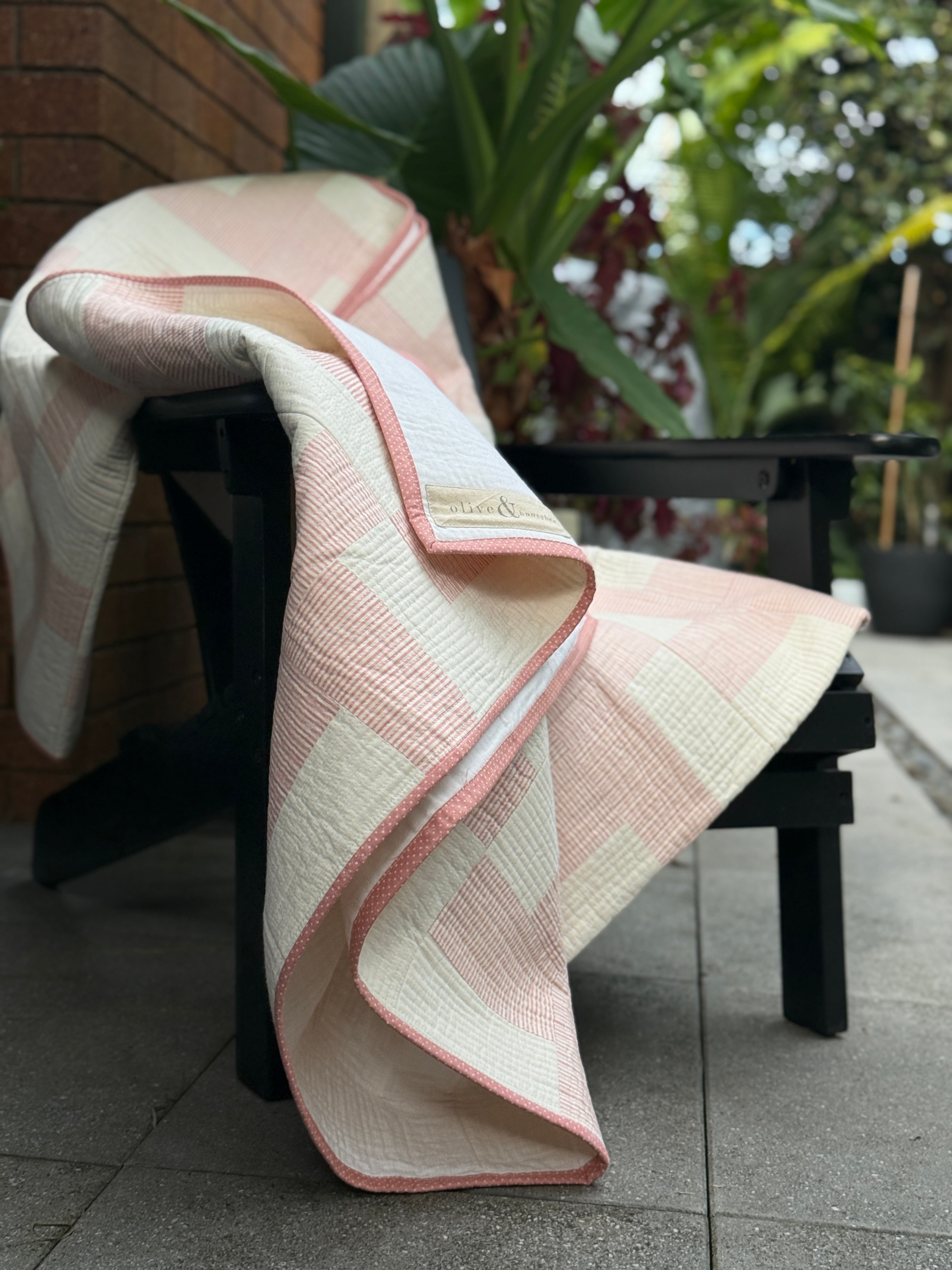 Coastal Rose Quilt: Pastel Pink striped, vintage charm