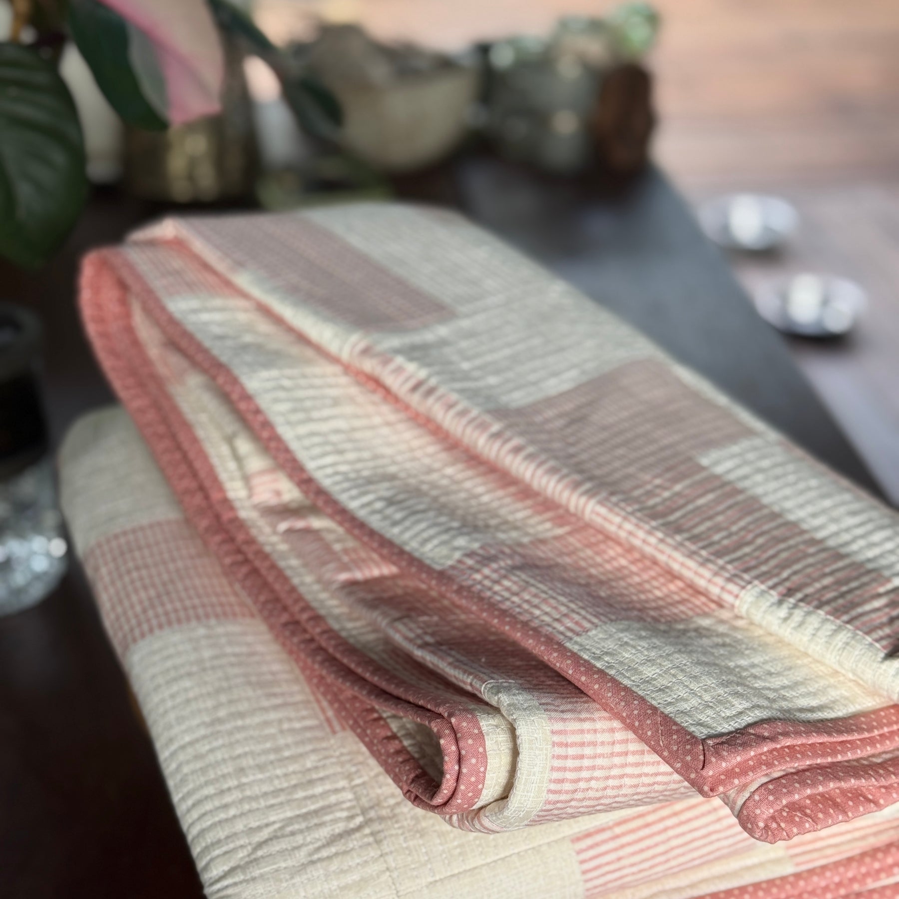 Coastal Rose Quilt: Pastel Pink striped, vintage charm