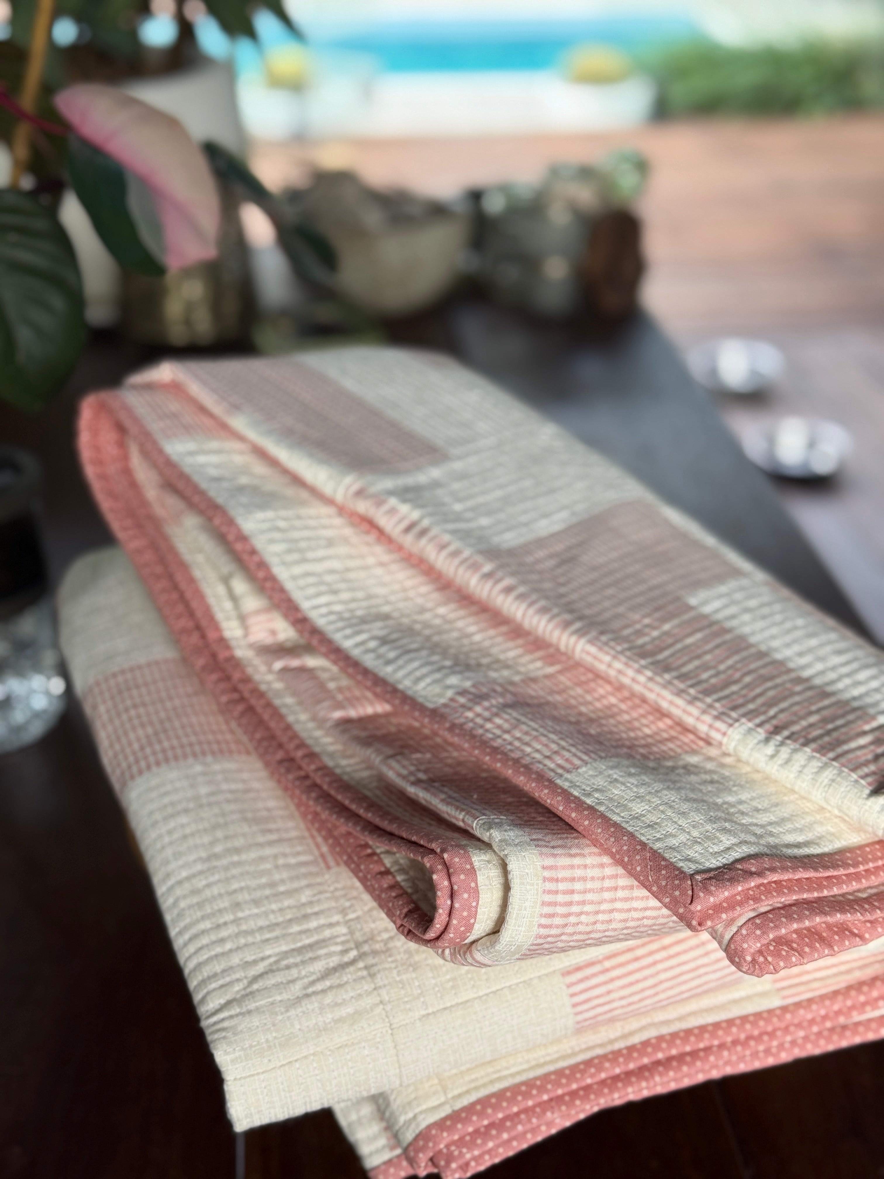 Coastal Rose Quilt: Pastel Pink striped, vintage charm