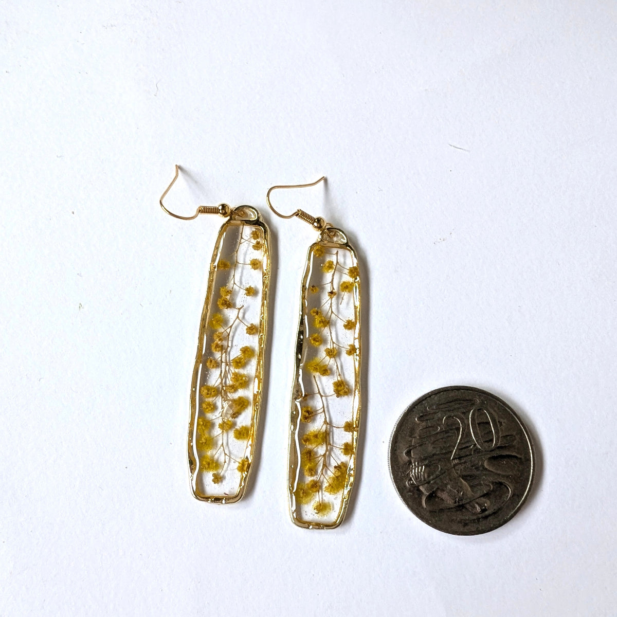 Real Australian Wattle Flower Resin Dangle Earrings