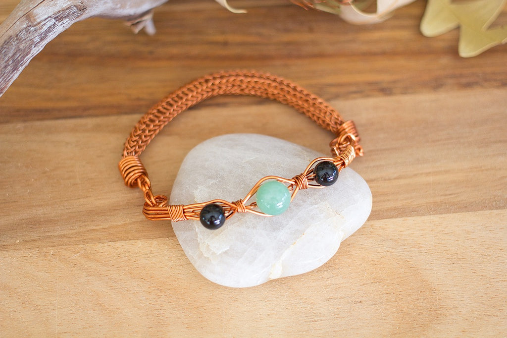 Copper Viking Wire Knitted Gemstone Bracelet  | Aventurine and Onyx Jewellery
