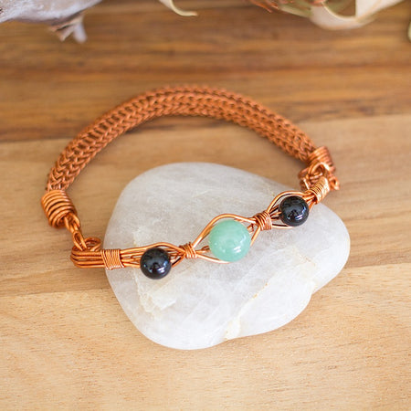 Copper Viking Wire Knitted Gemstone Bracelet  | Aventurine and Onyx Jewellery