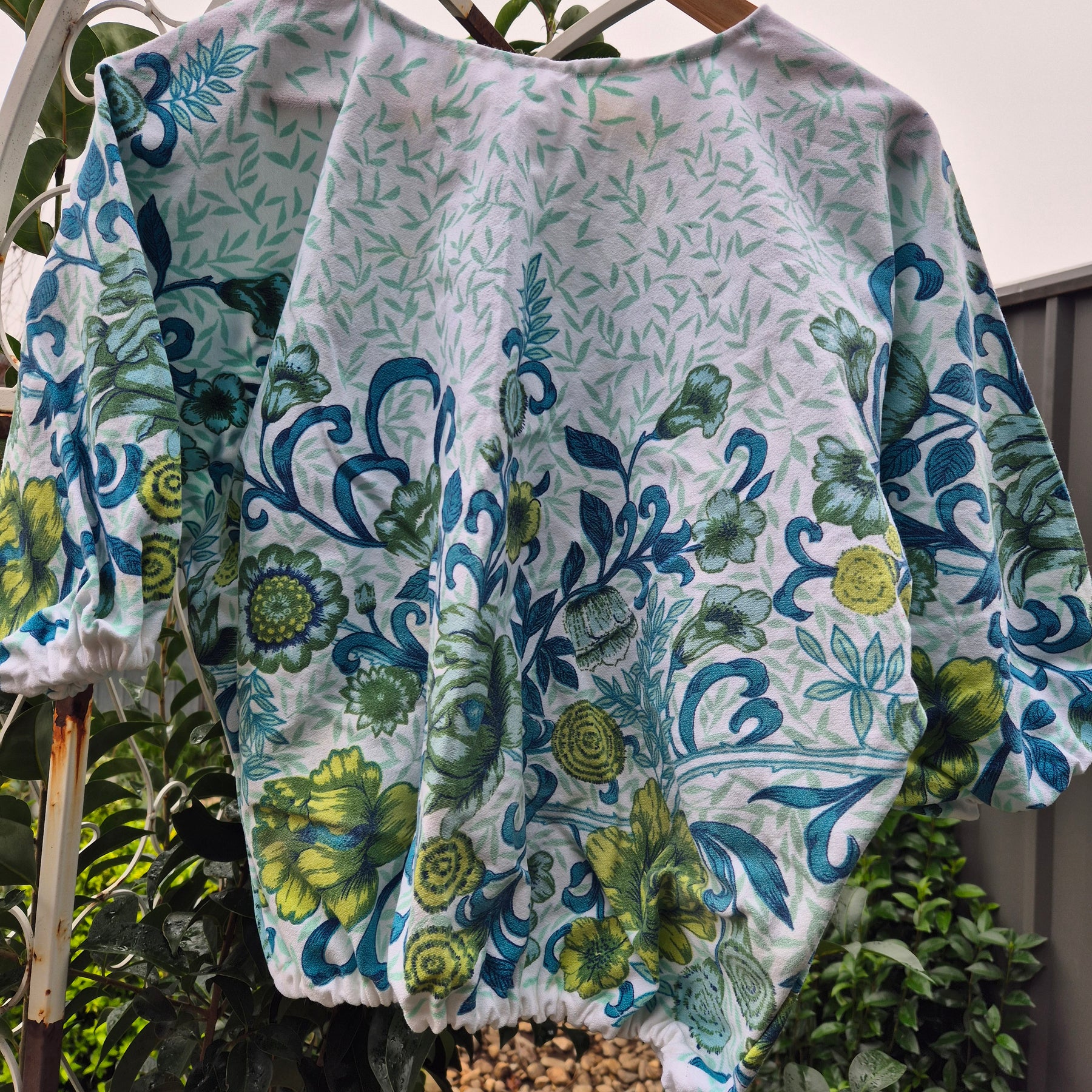 Upcycled Vintage Tablecloth top. Teal floral design