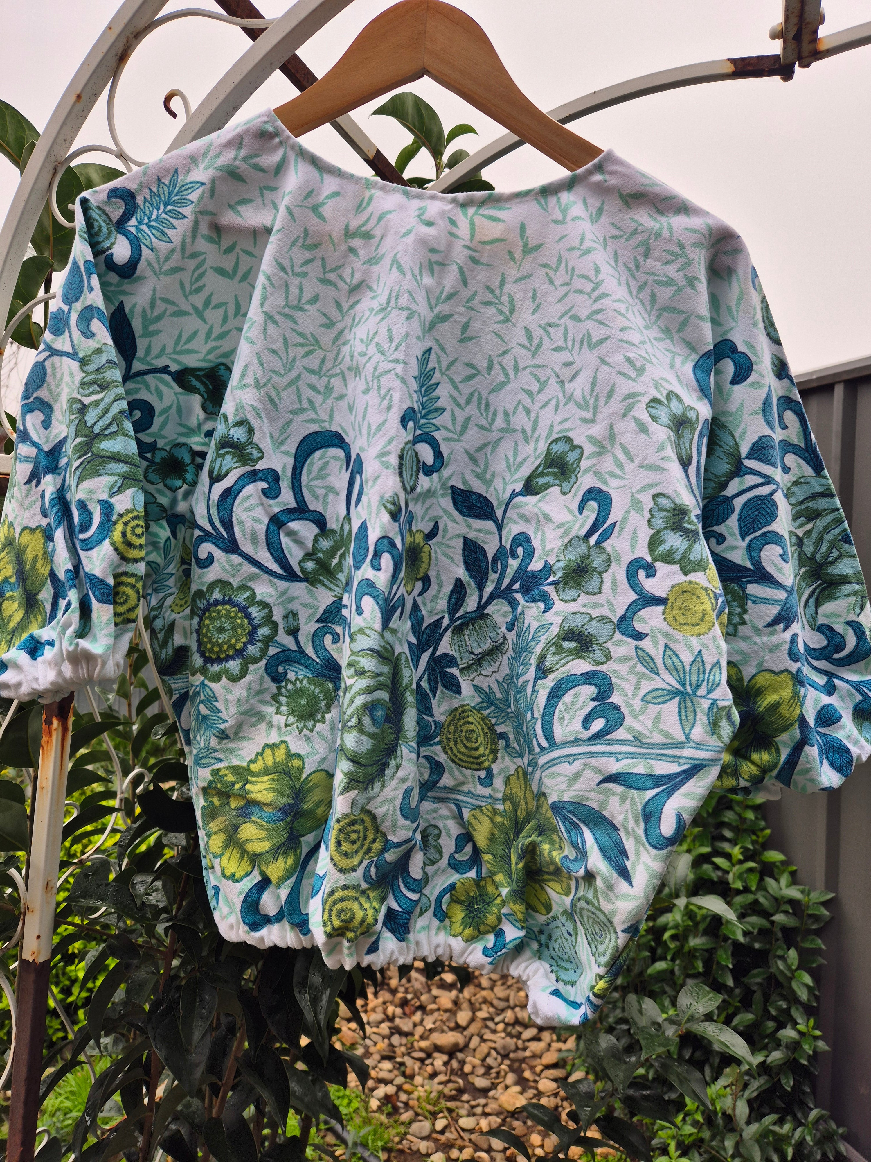 Upcycled Vintage Tablecloth top. Teal floral design