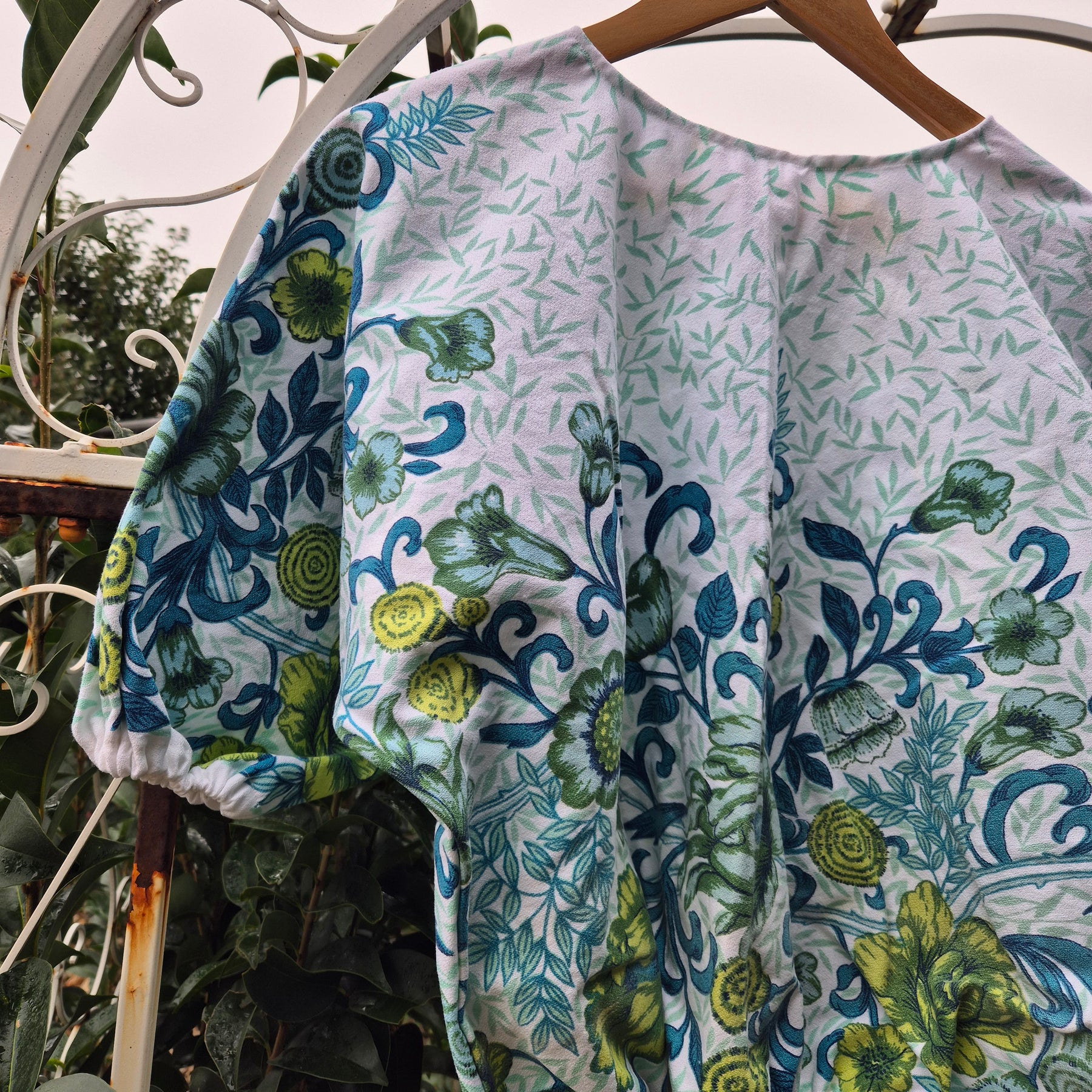 Upcycled Vintage Tablecloth top. Teal floral design