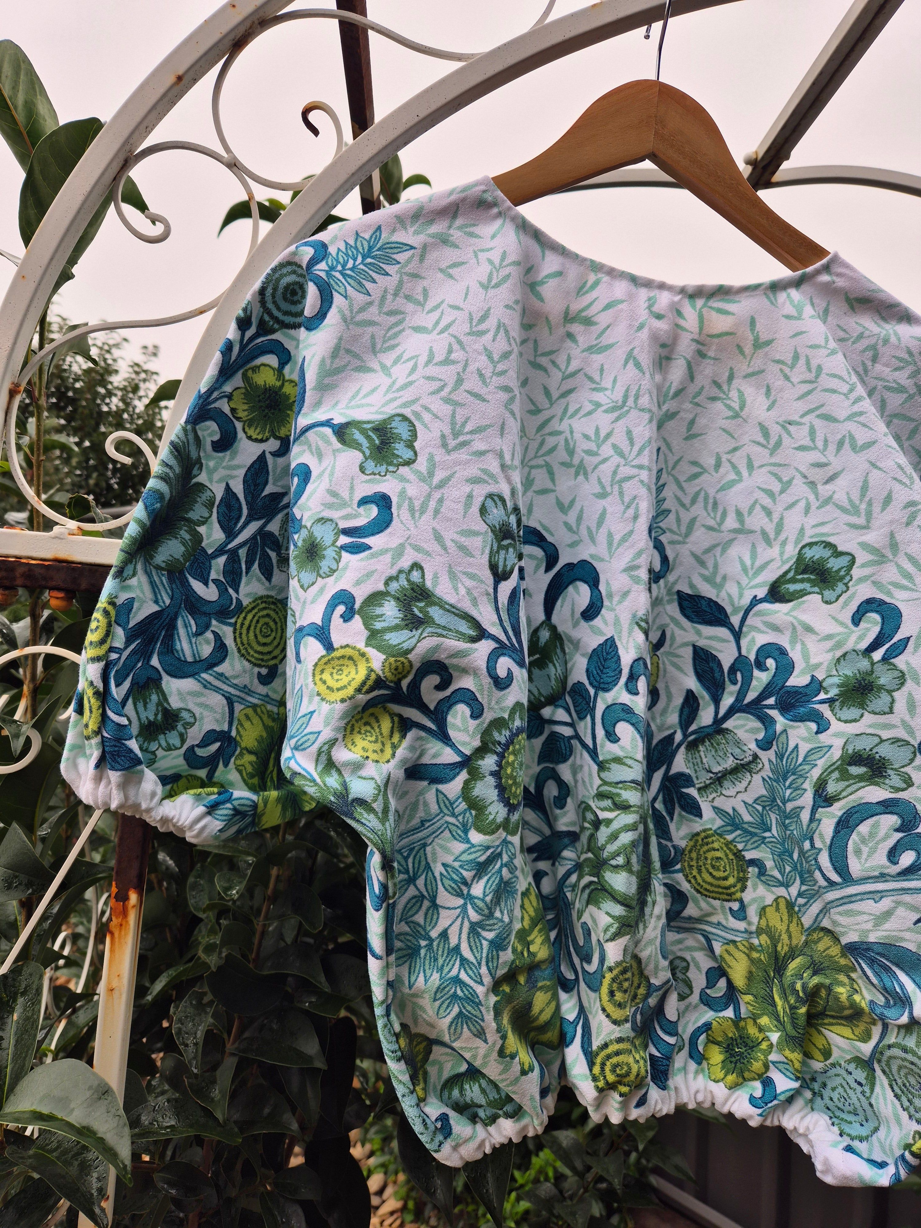 Upcycled Vintage Tablecloth top. Teal floral design