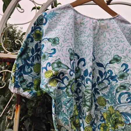 Upcycled Vintage Tablecloth top. Teal floral design