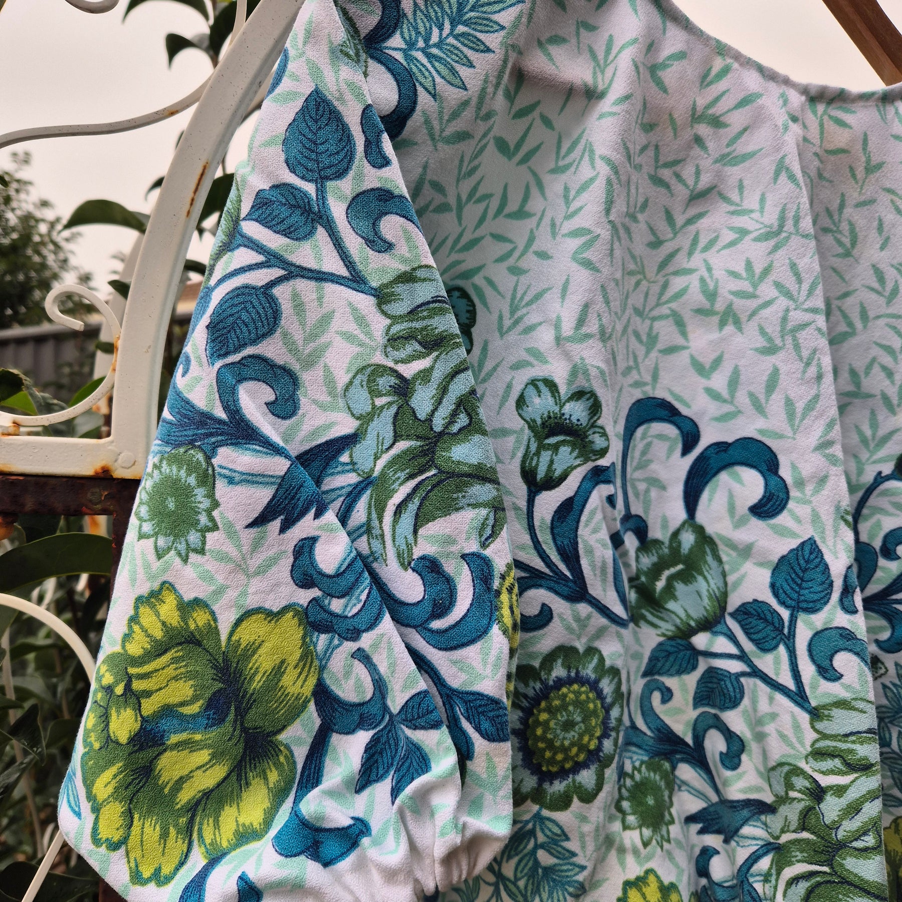 Upcycled Vintage Tablecloth top. Teal floral design