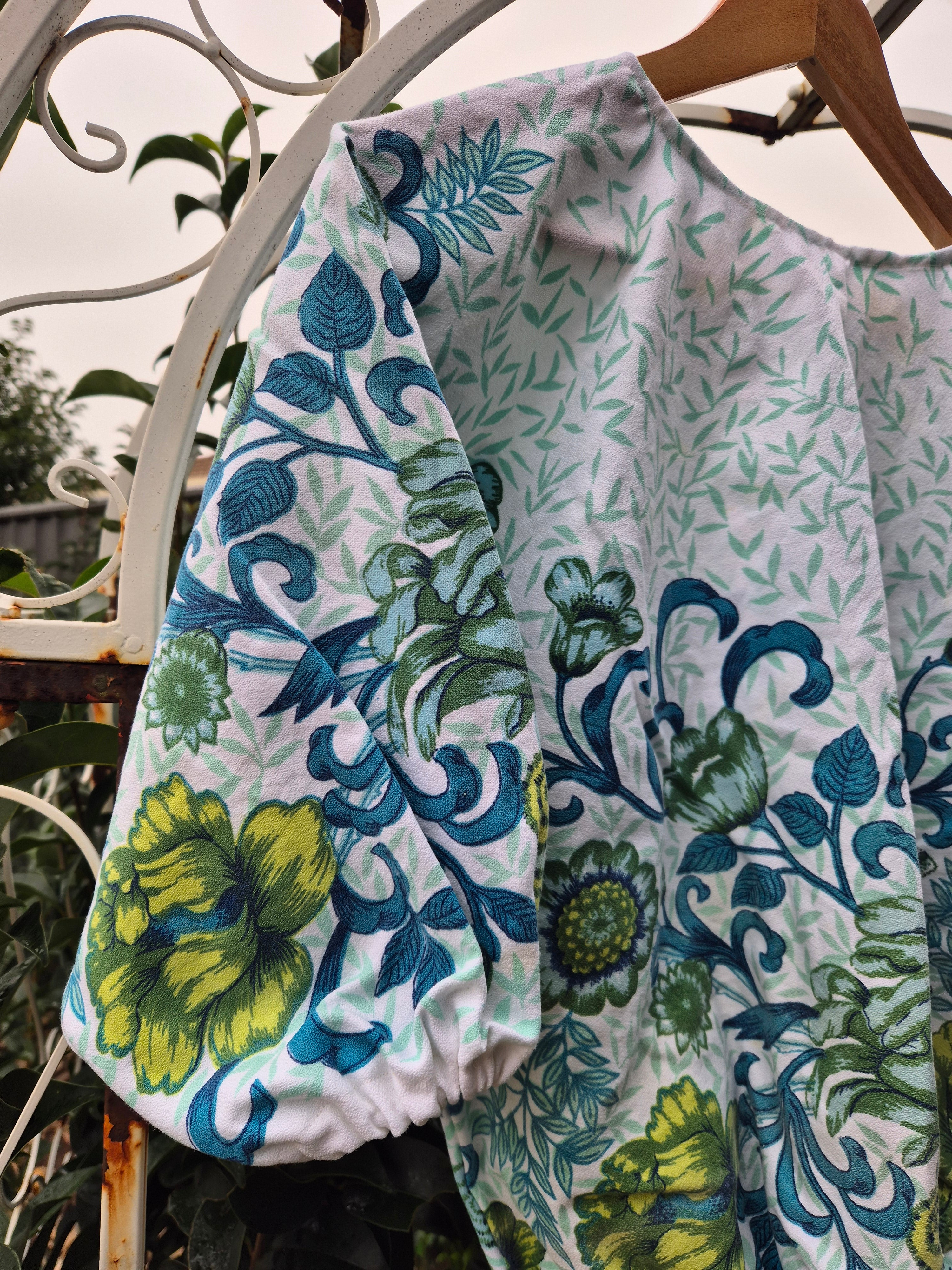 Upcycled Vintage Tablecloth top. Teal floral design
