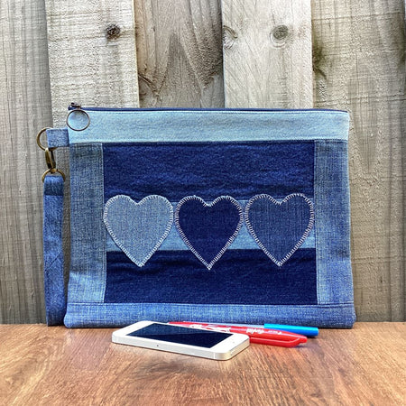 Large Upcycled Denim Pouch – Three Denim Hearts