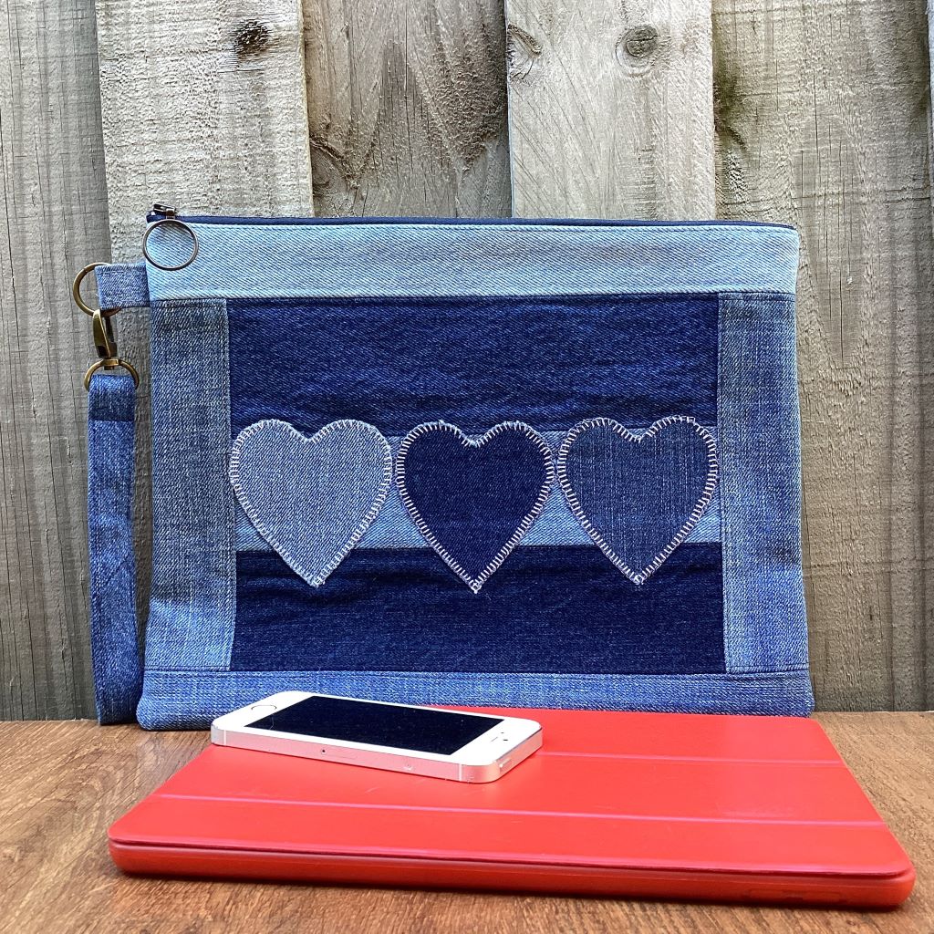 Large Upcycled Denim Pouch – Three Denim Hearts