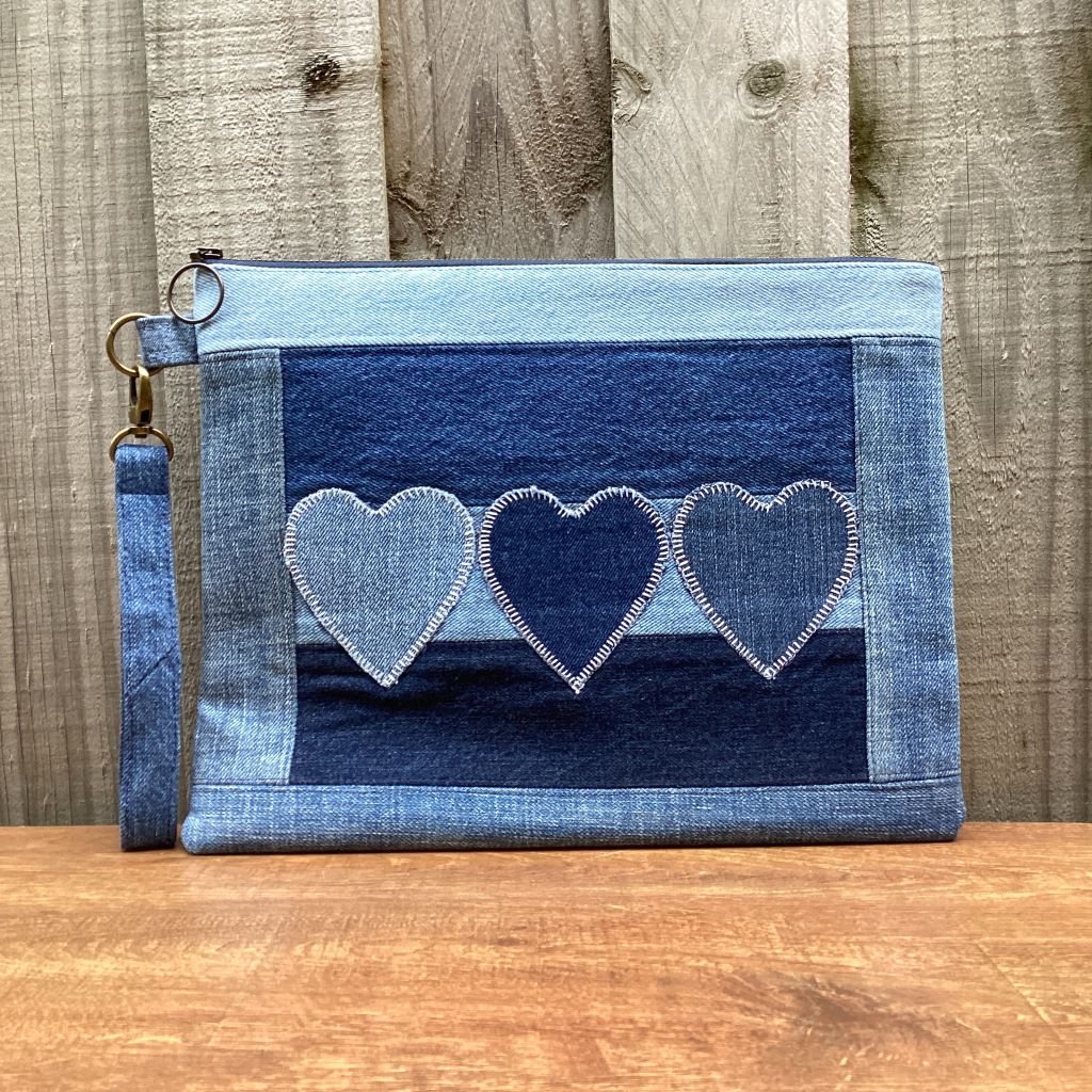 Large Upcycled Denim Pouch – Three Denim Hearts
