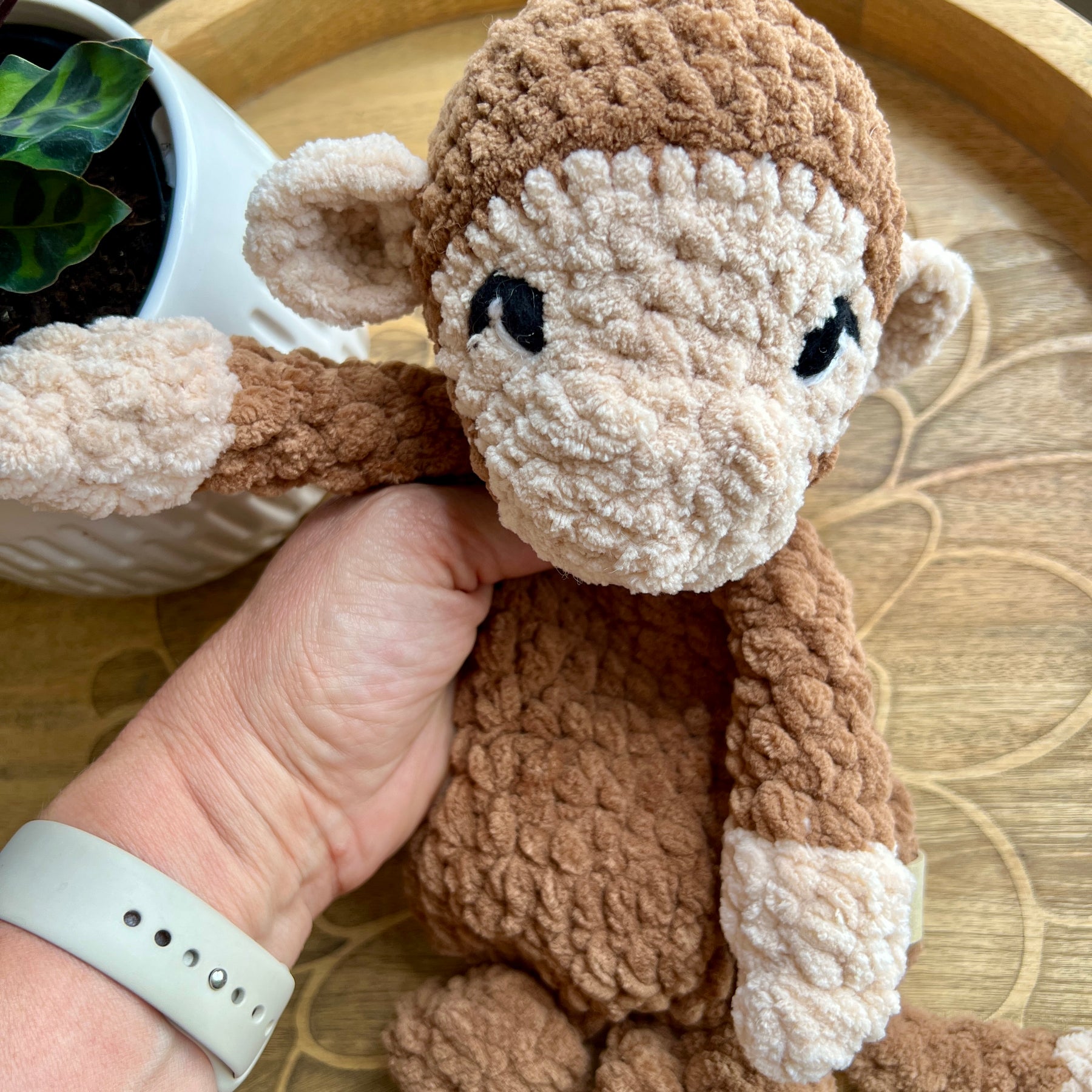 Handmade modern crochet toy monkey lovey snuggler.