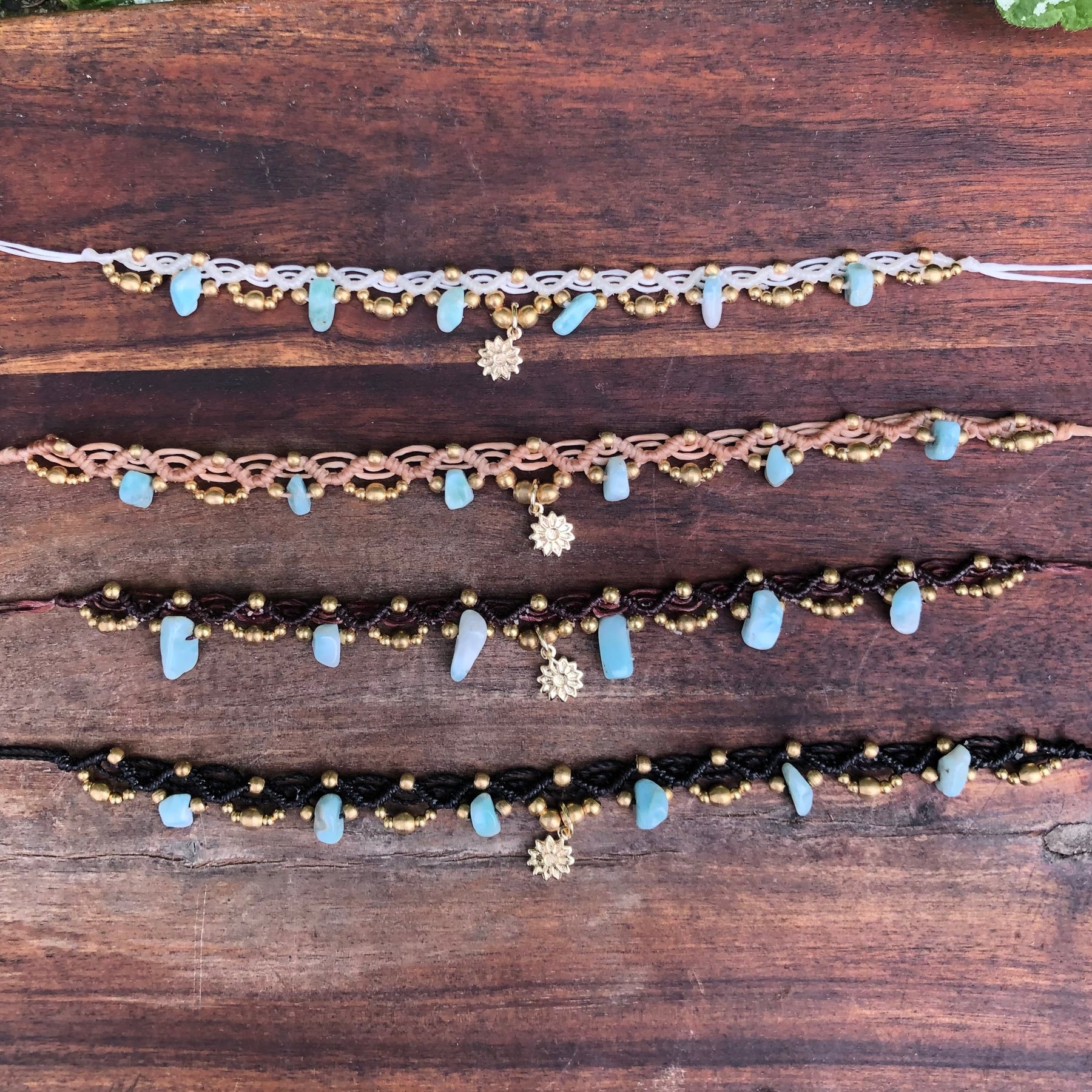 Larimar Gemstone Macrame Anklet: Boho Sunflower Charm, adjustable