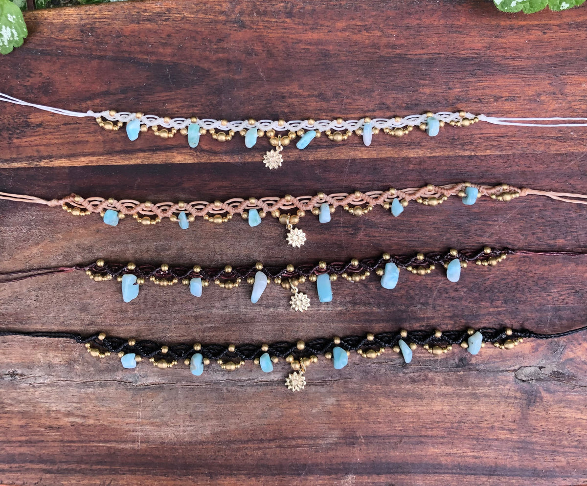 Larimar Gemstone Macrame Anklet: Boho Sunflower Charm, adjustable