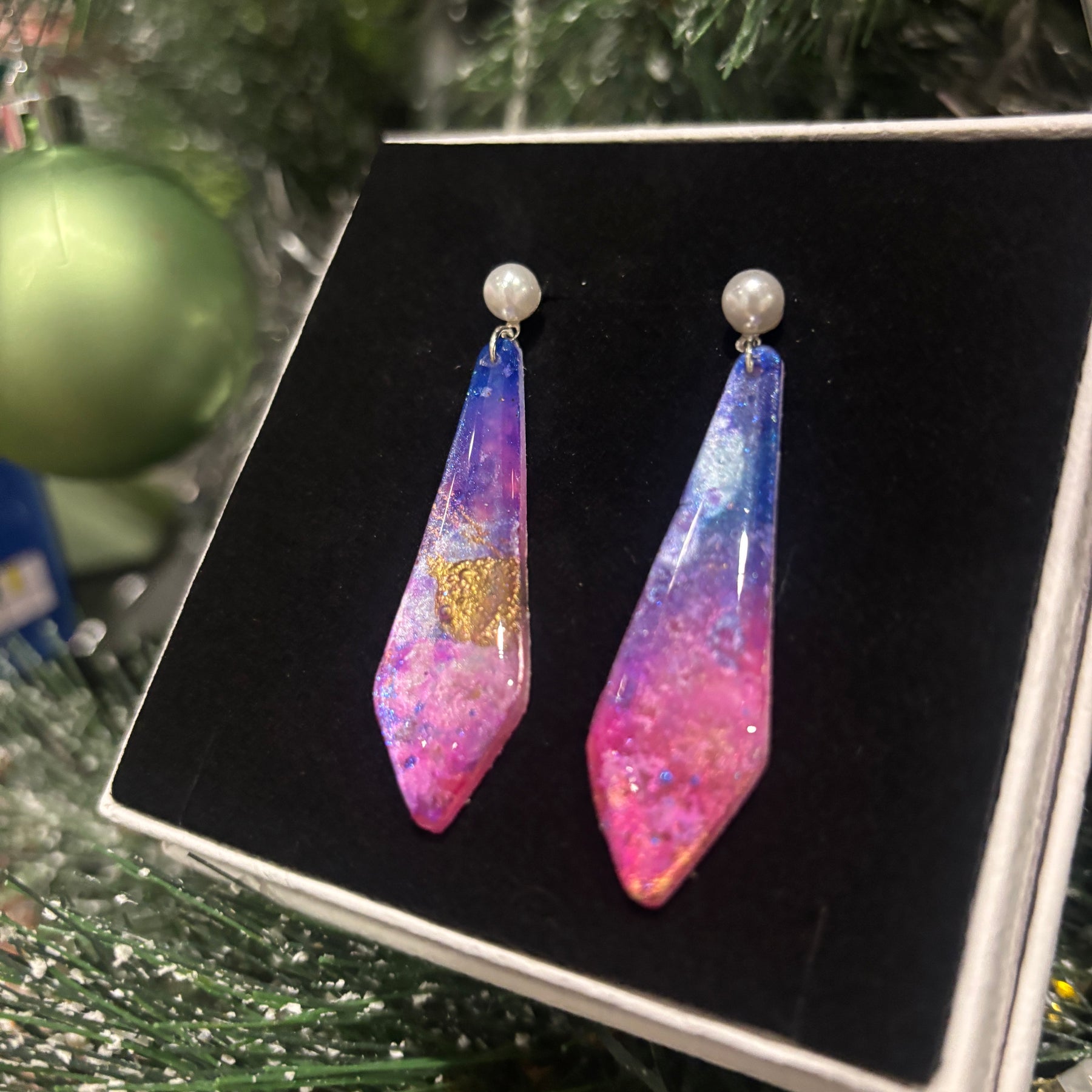 Pastel Galaxy Pearl Stud Dangles — Handcrafted Polymer Clay Art