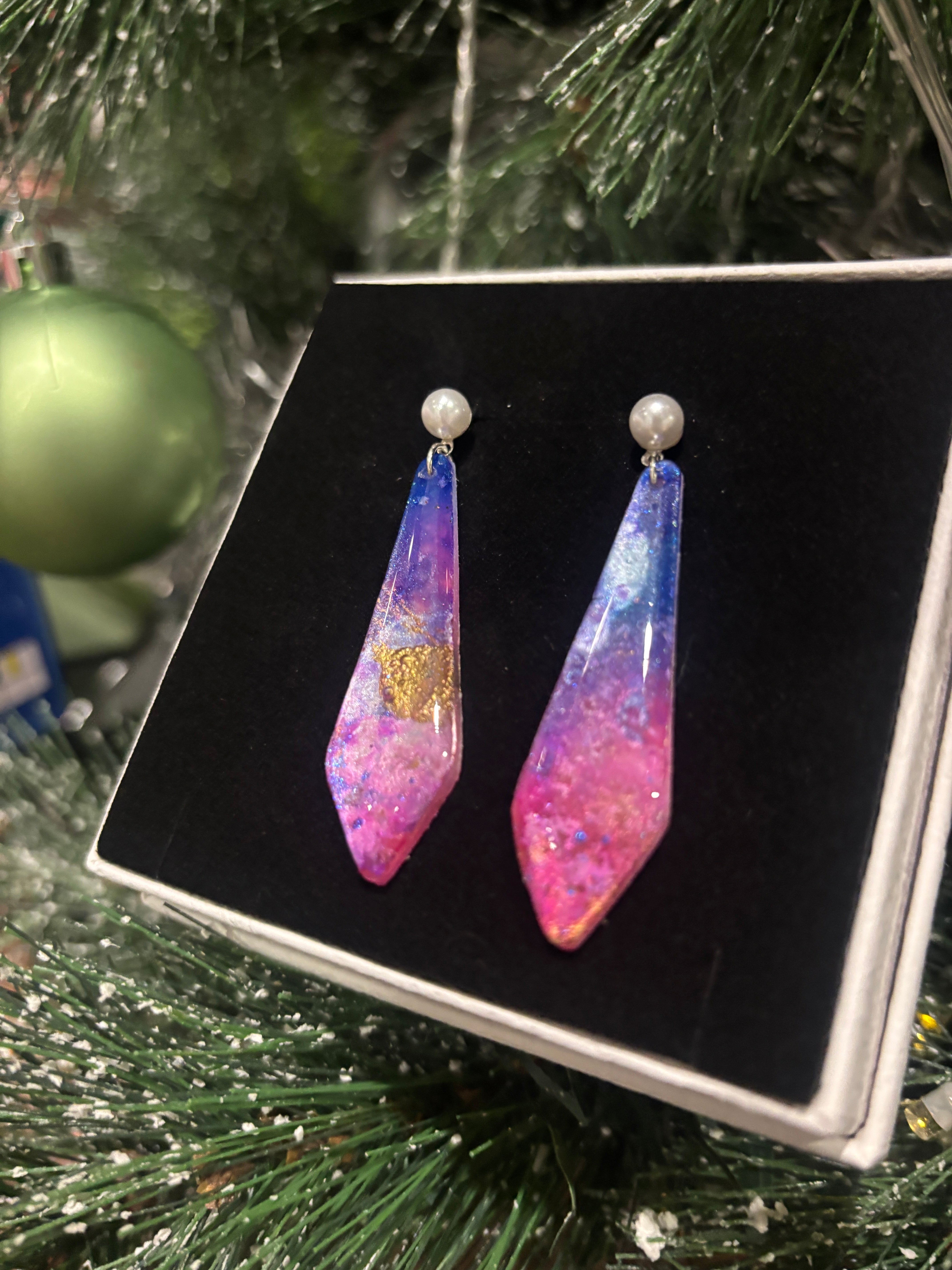 Pastel Galaxy Pearl Stud Dangles — Handcrafted Polymer Clay Art