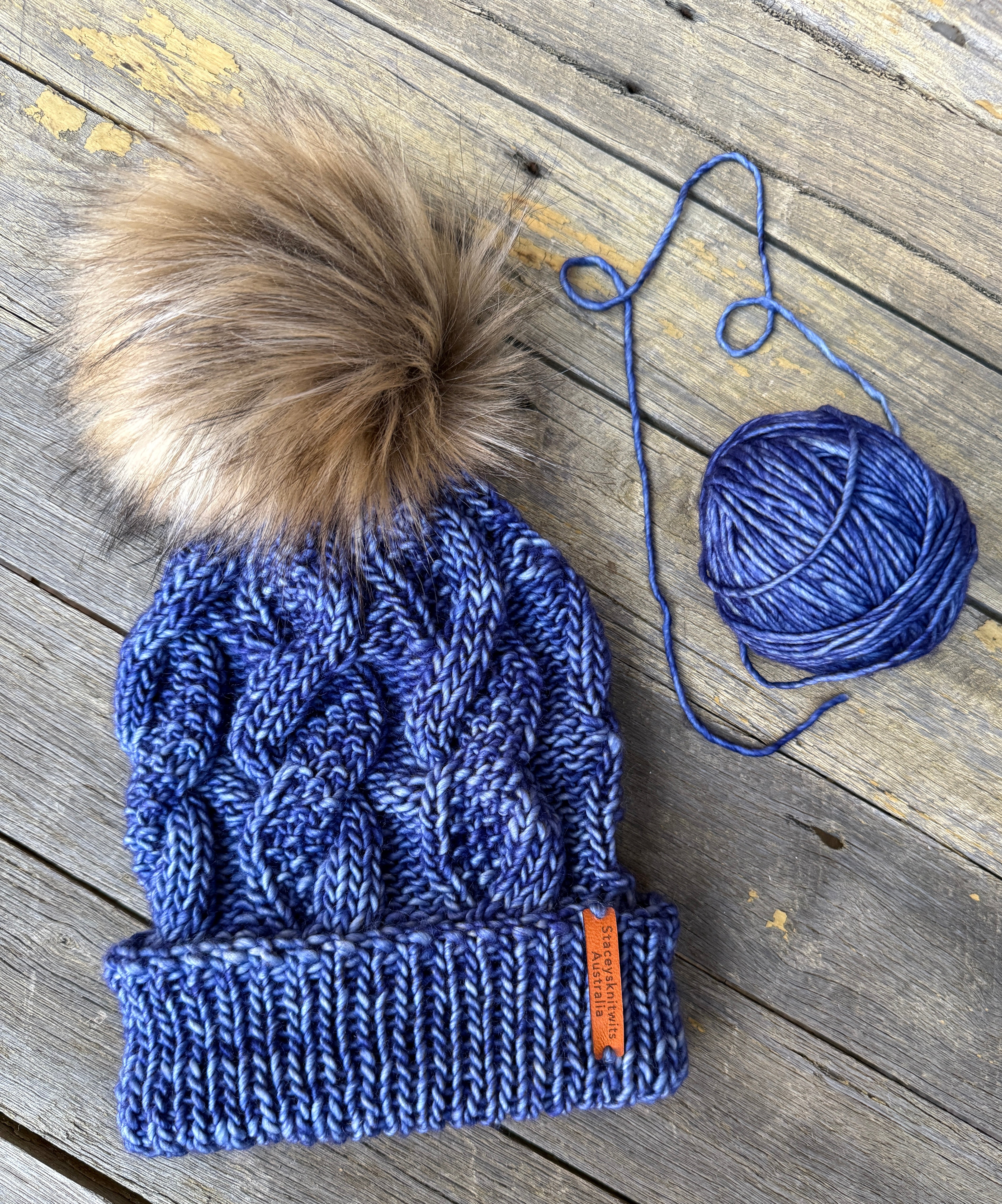 Hand knitted blue merino beanie, unisex cable PomPom beanie