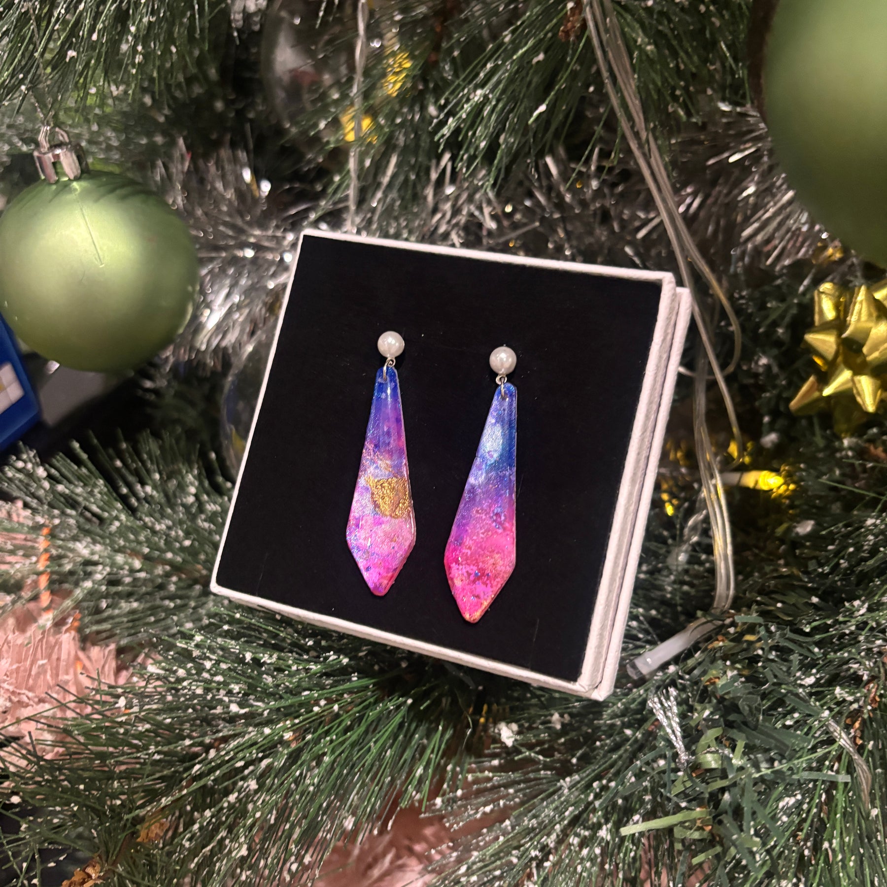 Pastel Galaxy Pearl Stud Dangles — Handcrafted Polymer Clay Art