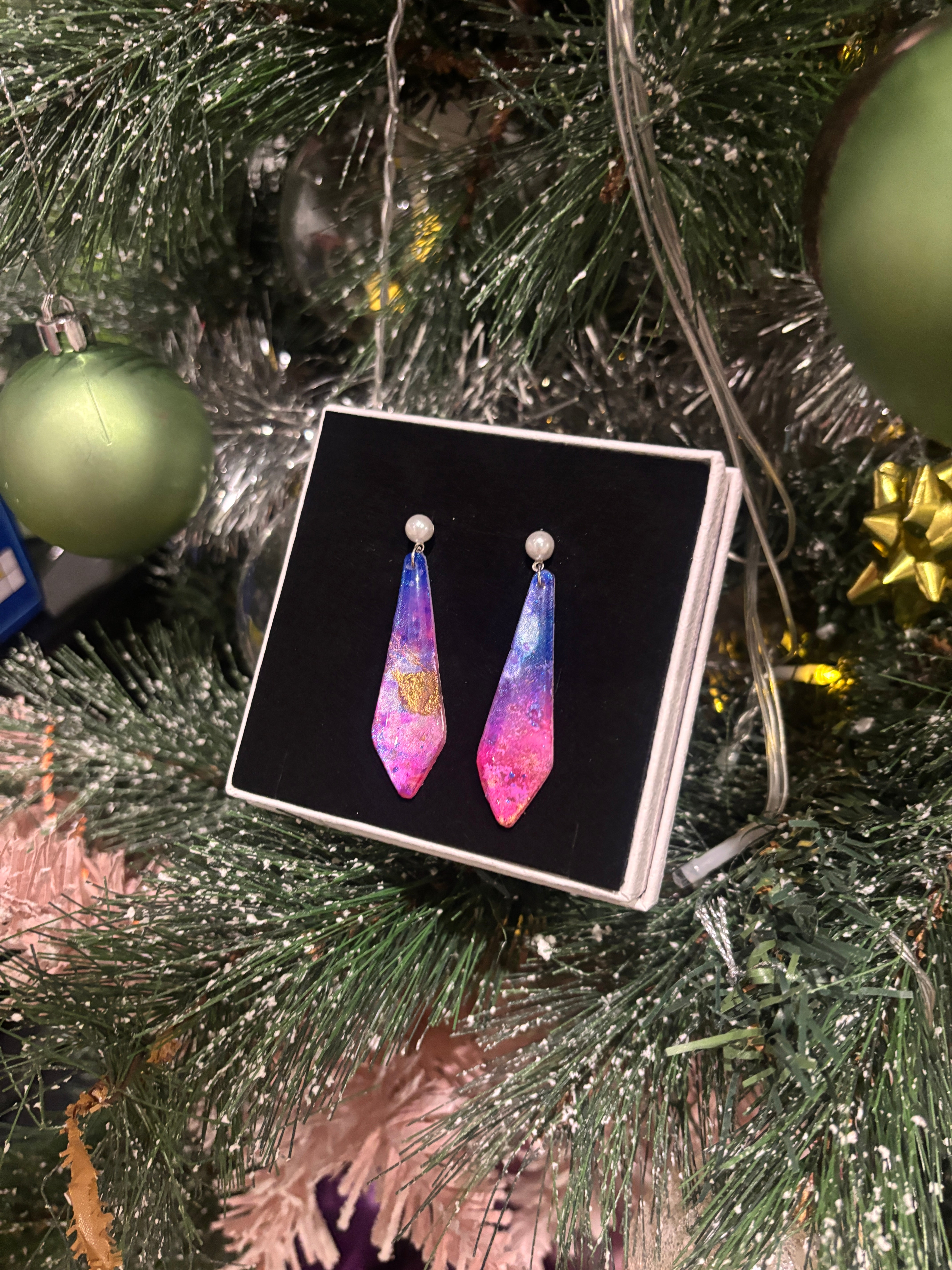 Pastel Galaxy Pearl Stud Dangles — Handcrafted Polymer Clay Art