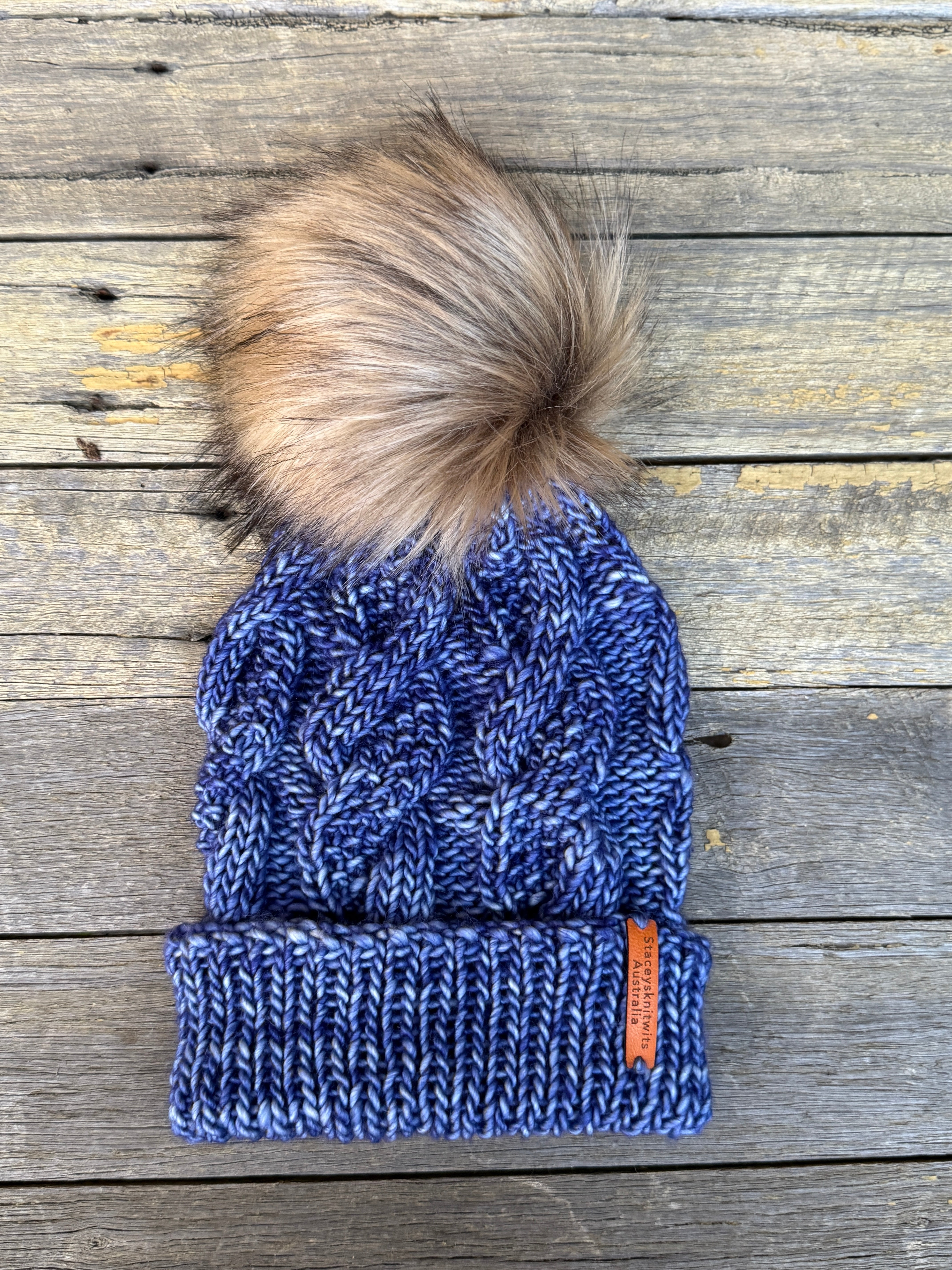Hand knitted blue merino beanie, unisex cable PomPom beanie