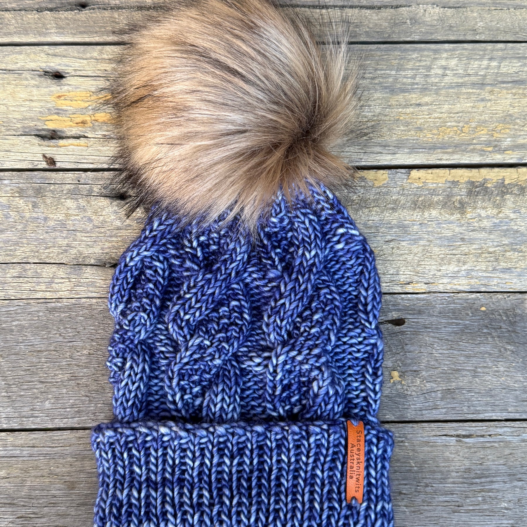 Hand knitted blue merino beanie, unisex cable PomPom beanie