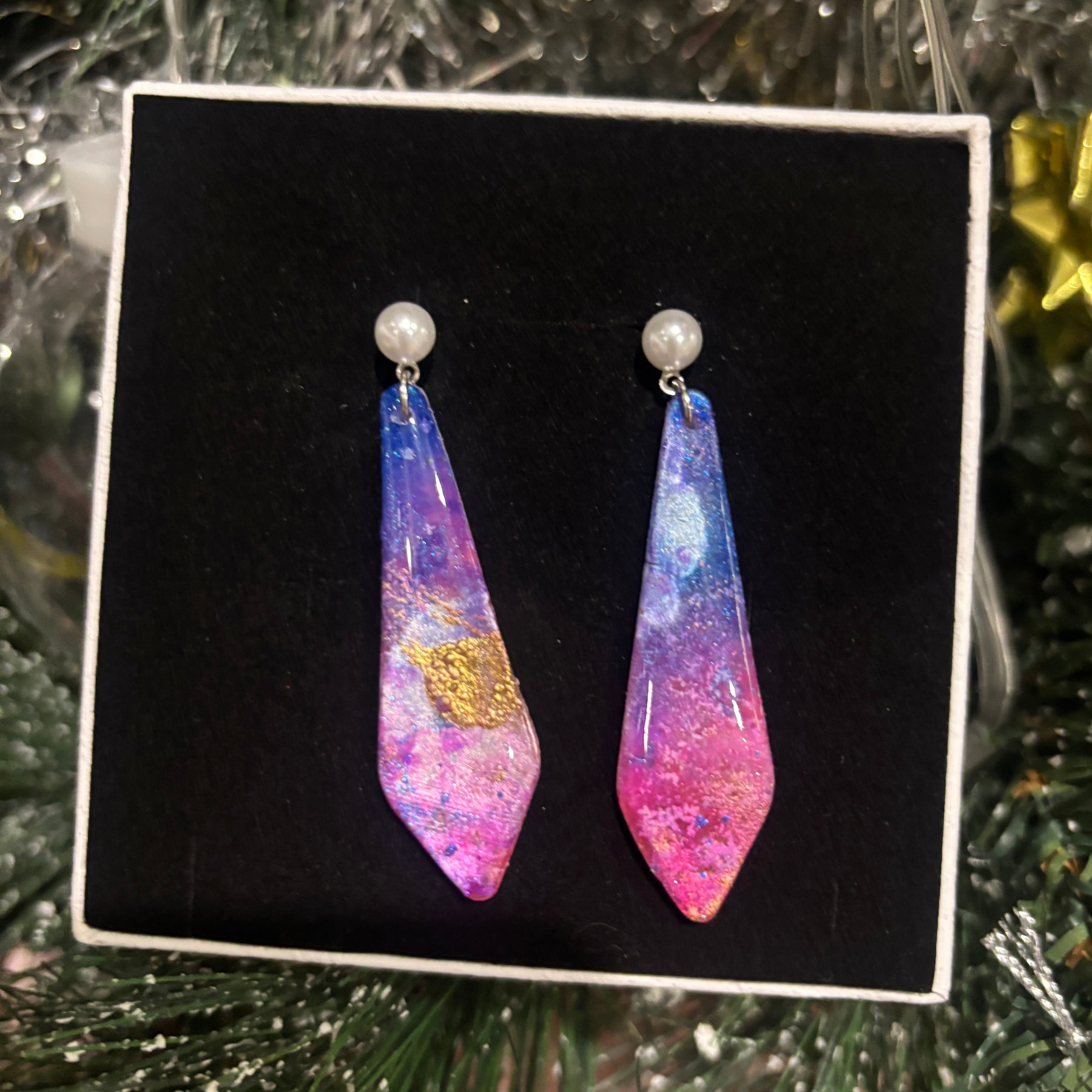 Pastel Galaxy Pearl Stud Dangles — Handcrafted Polymer Clay Art