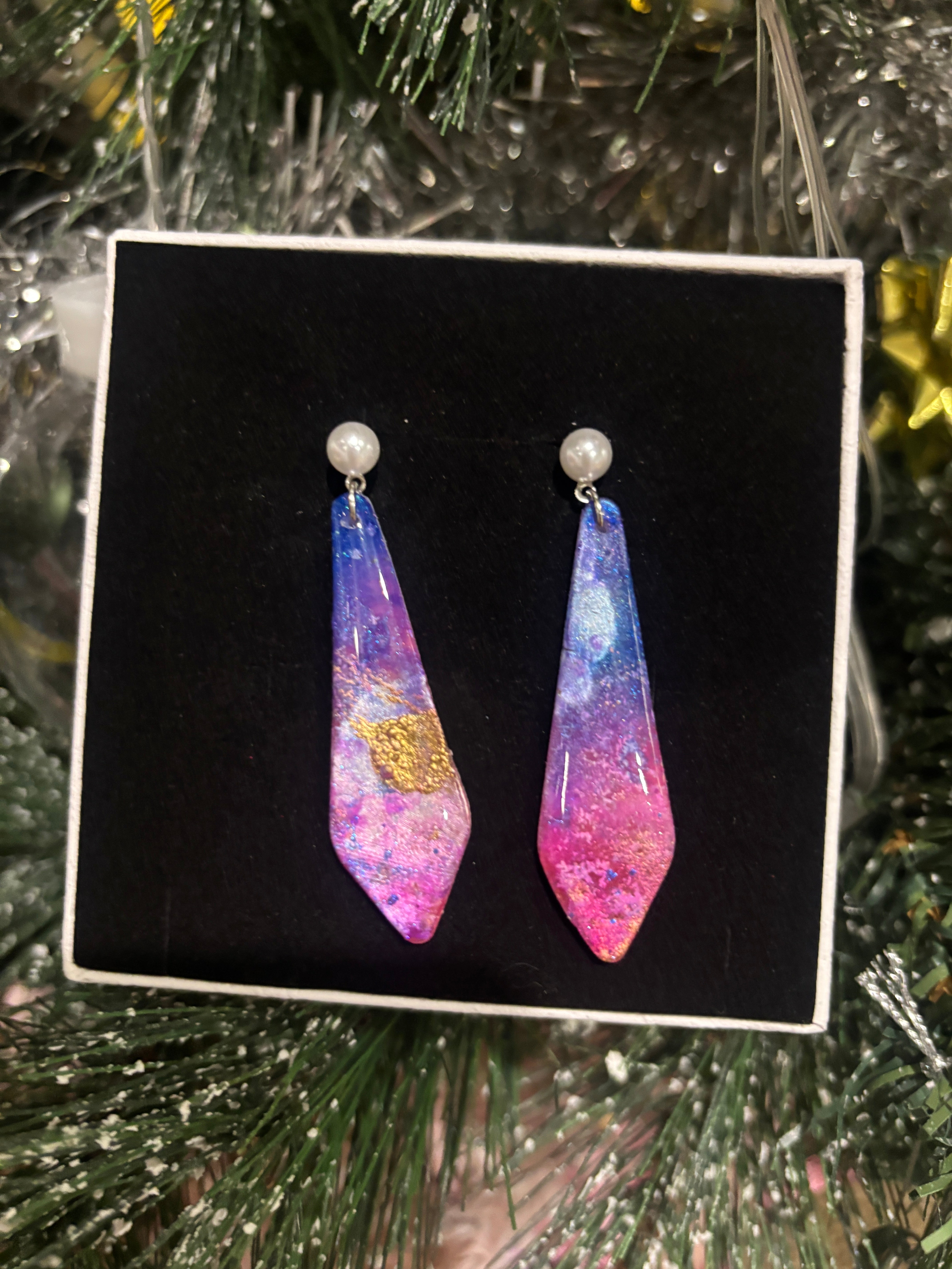 Pastel Galaxy Pearl Stud Dangles — Handcrafted Polymer Clay Art