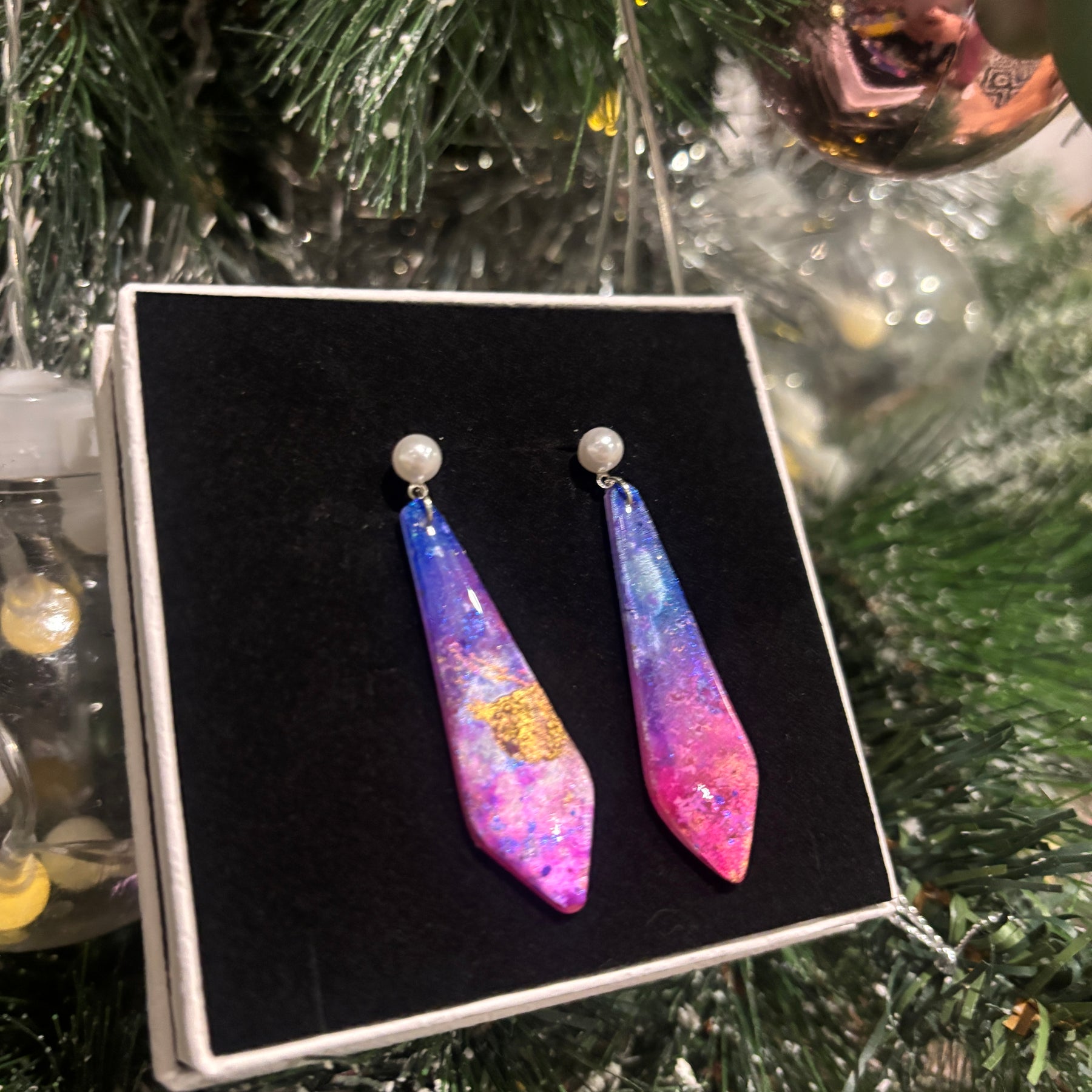 Pastel Galaxy Pearl Stud Dangles — Handcrafted Polymer Clay Art
