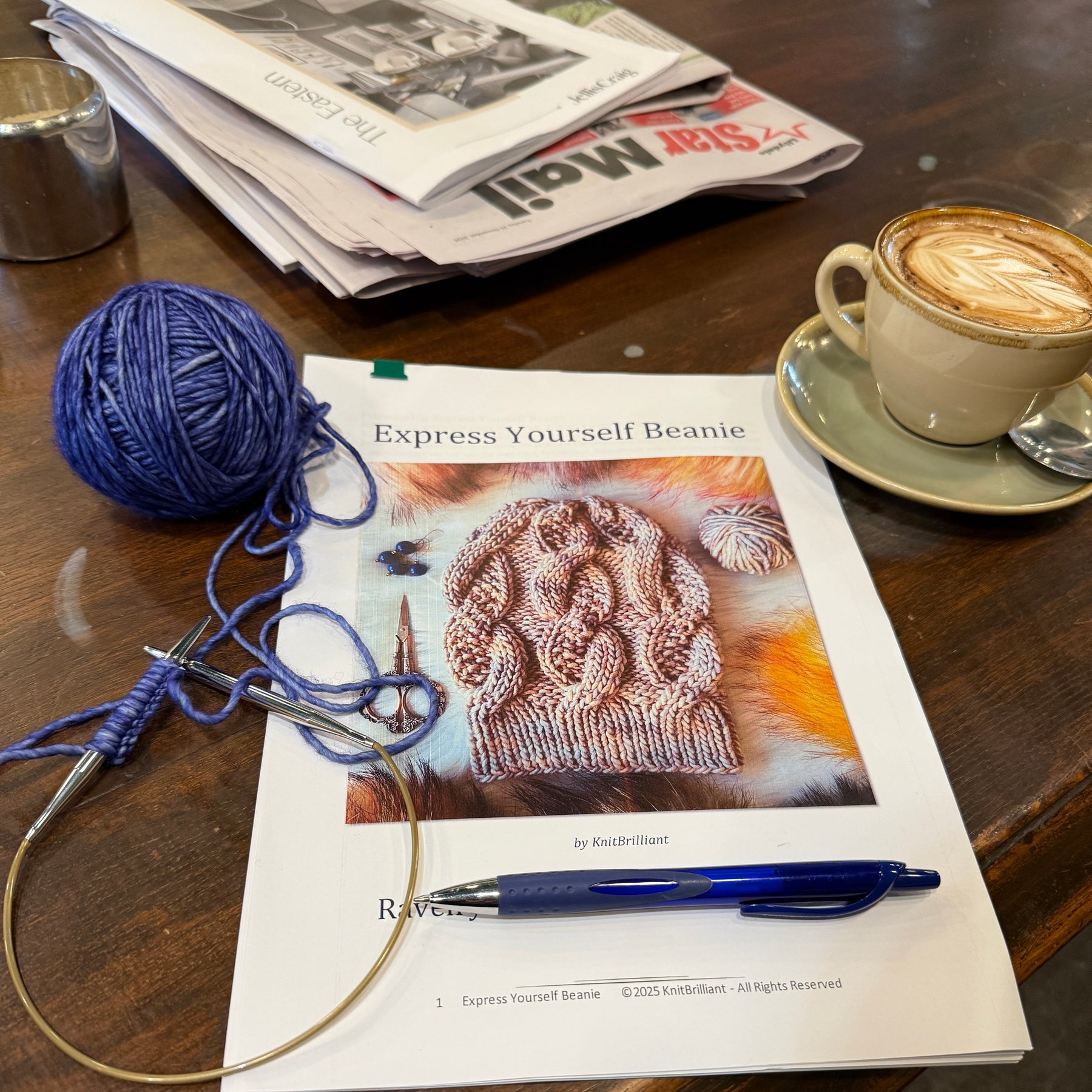 Hand knitted blue merino beanie, unisex cable PomPom beanie