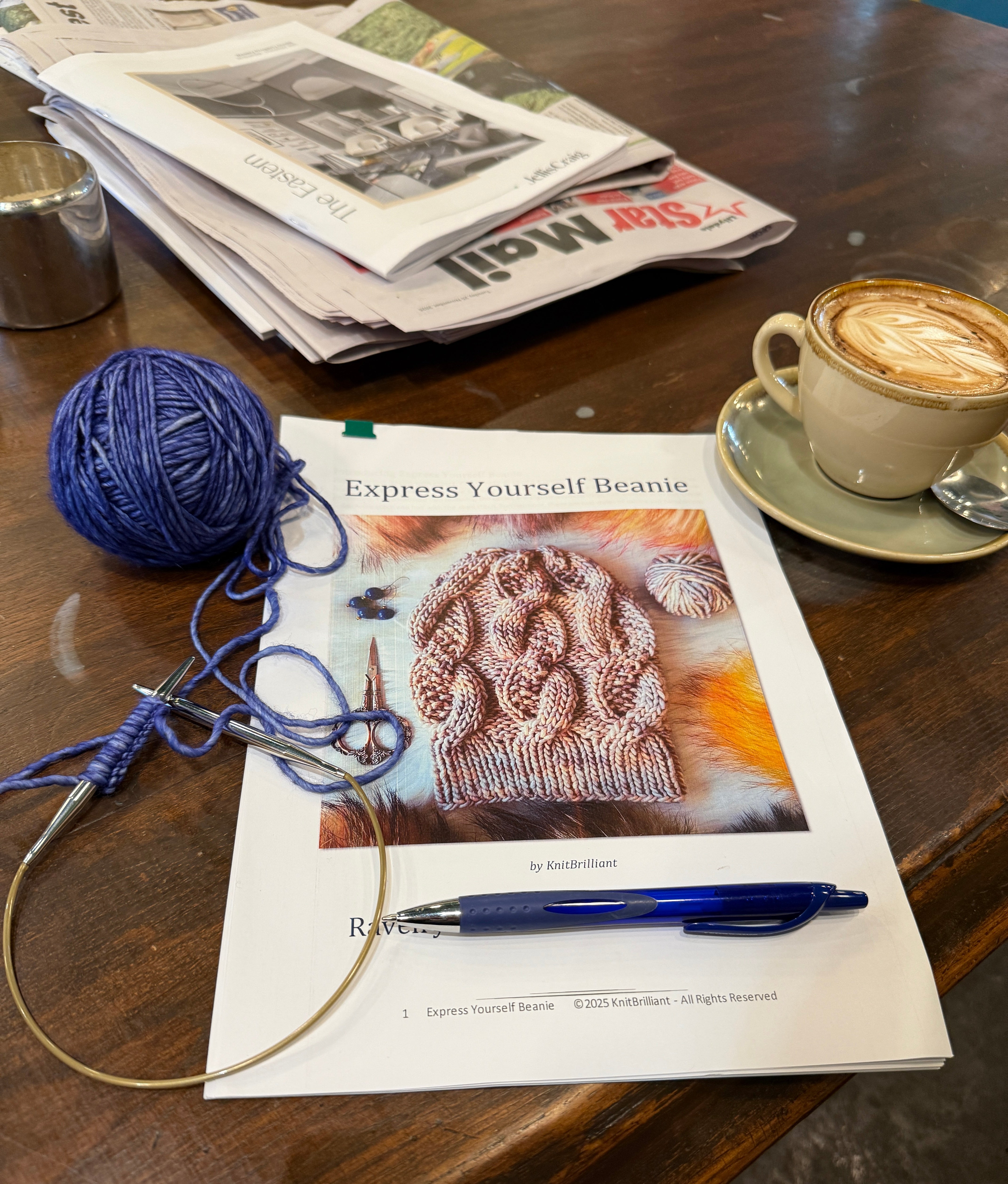 Hand knitted blue merino beanie, unisex cable PomPom beanie