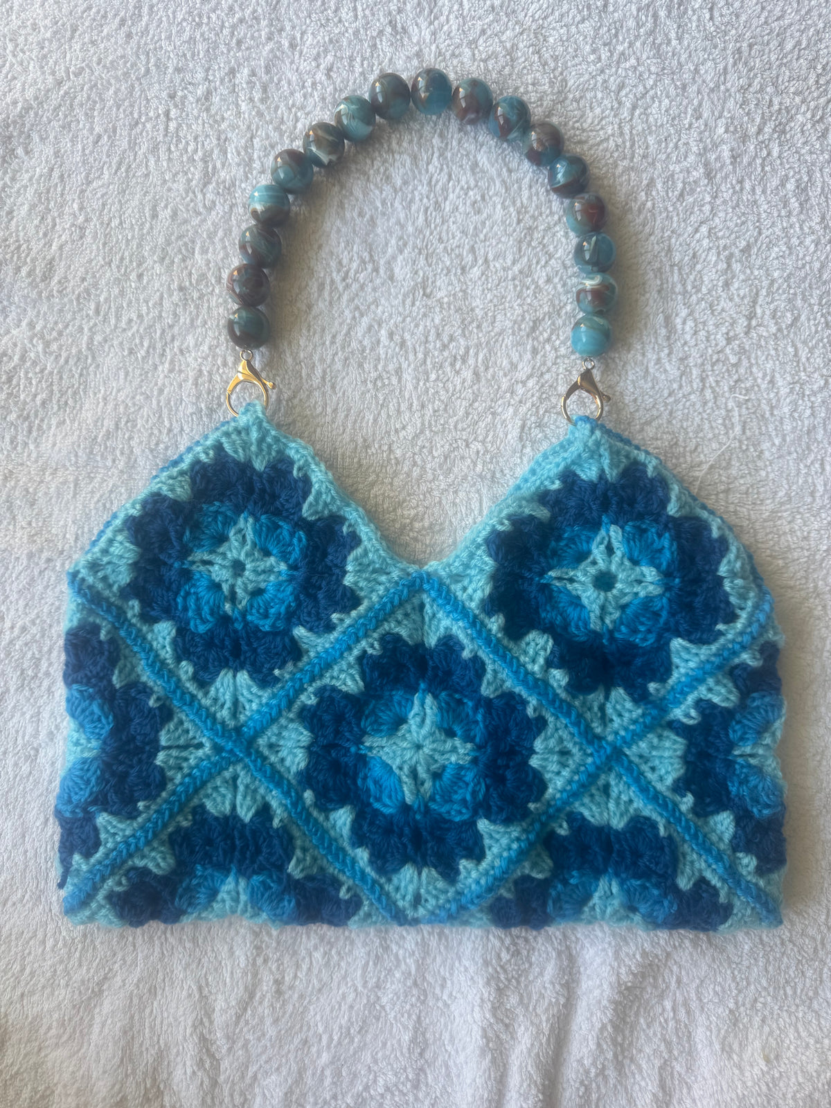 Blue Crochet Granny Square Shoulder Bag with Beaded Strap