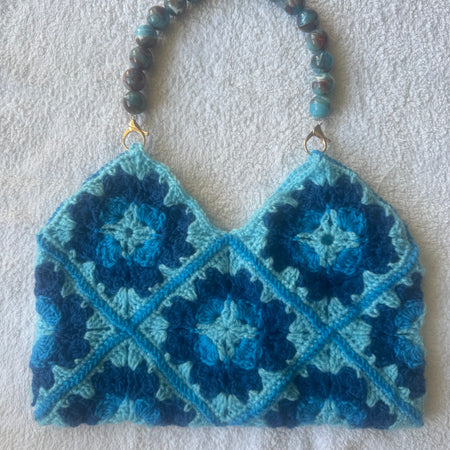 Blue Crochet Granny Square Shoulder Bag with Beaded Strap