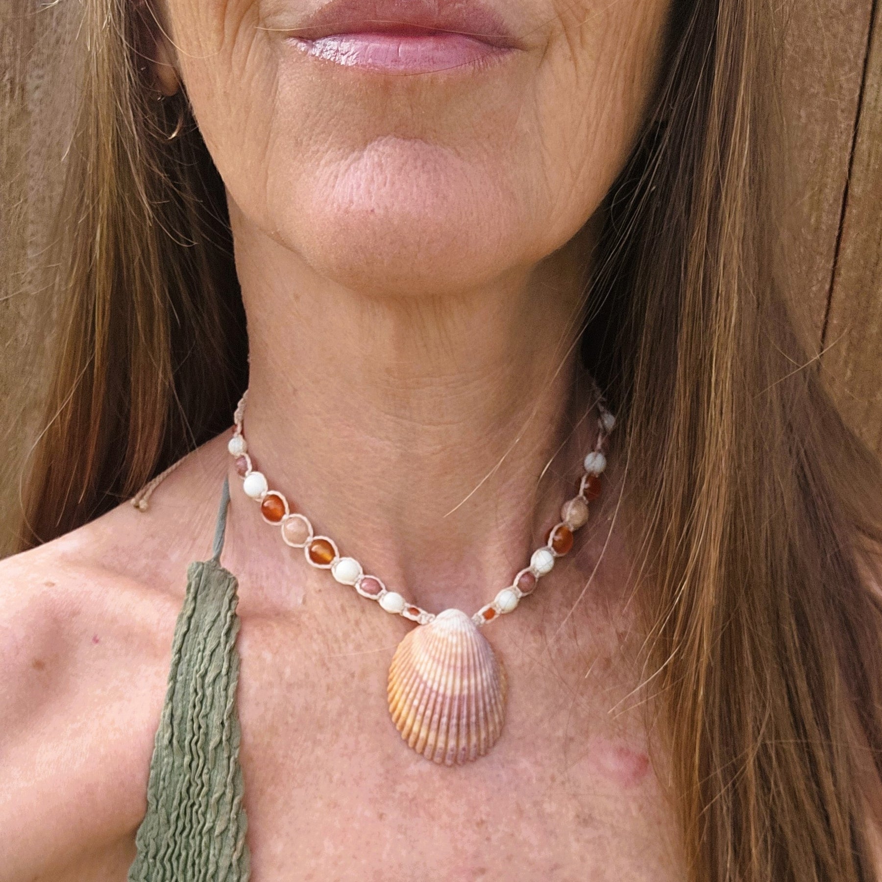 Cockle Shell Necklace with Carnelian, Peach Calcite & Thulite