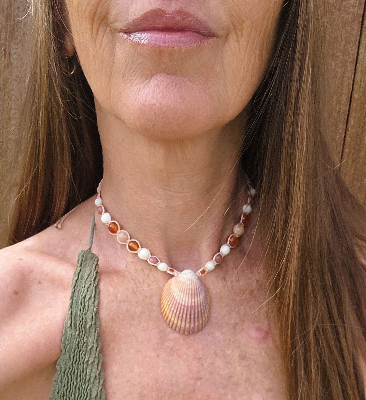 Cockle Shell Necklace with Carnelian, Peach Calcite & Thulite