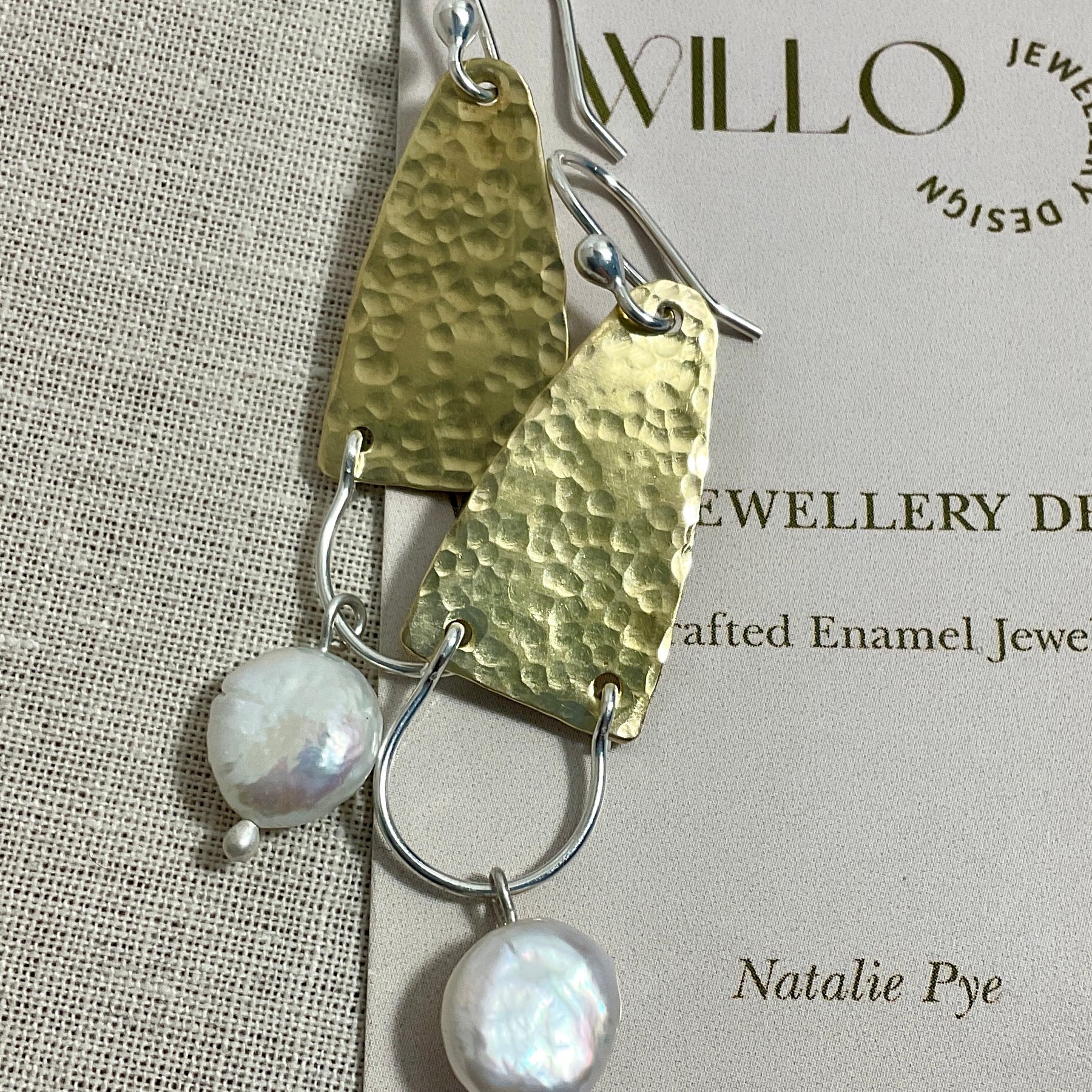 Brass, argentium silver and pearl earrings
